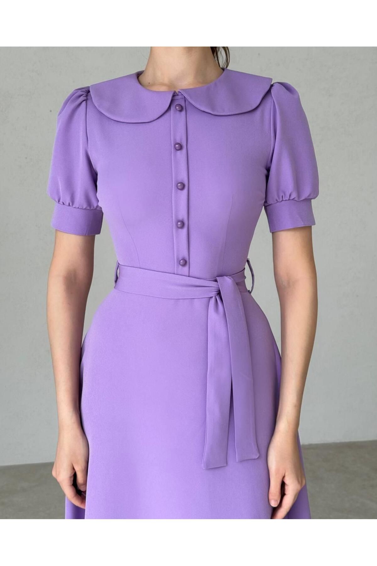 Baby Collar Buttoned Midi Atlas Dress