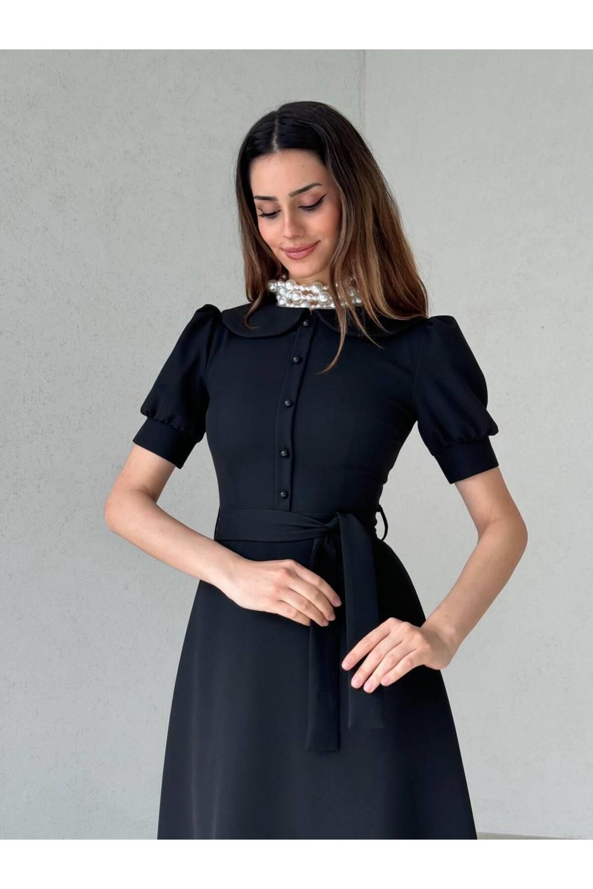 Baby Collar Buttoned Midi Atlas Dress