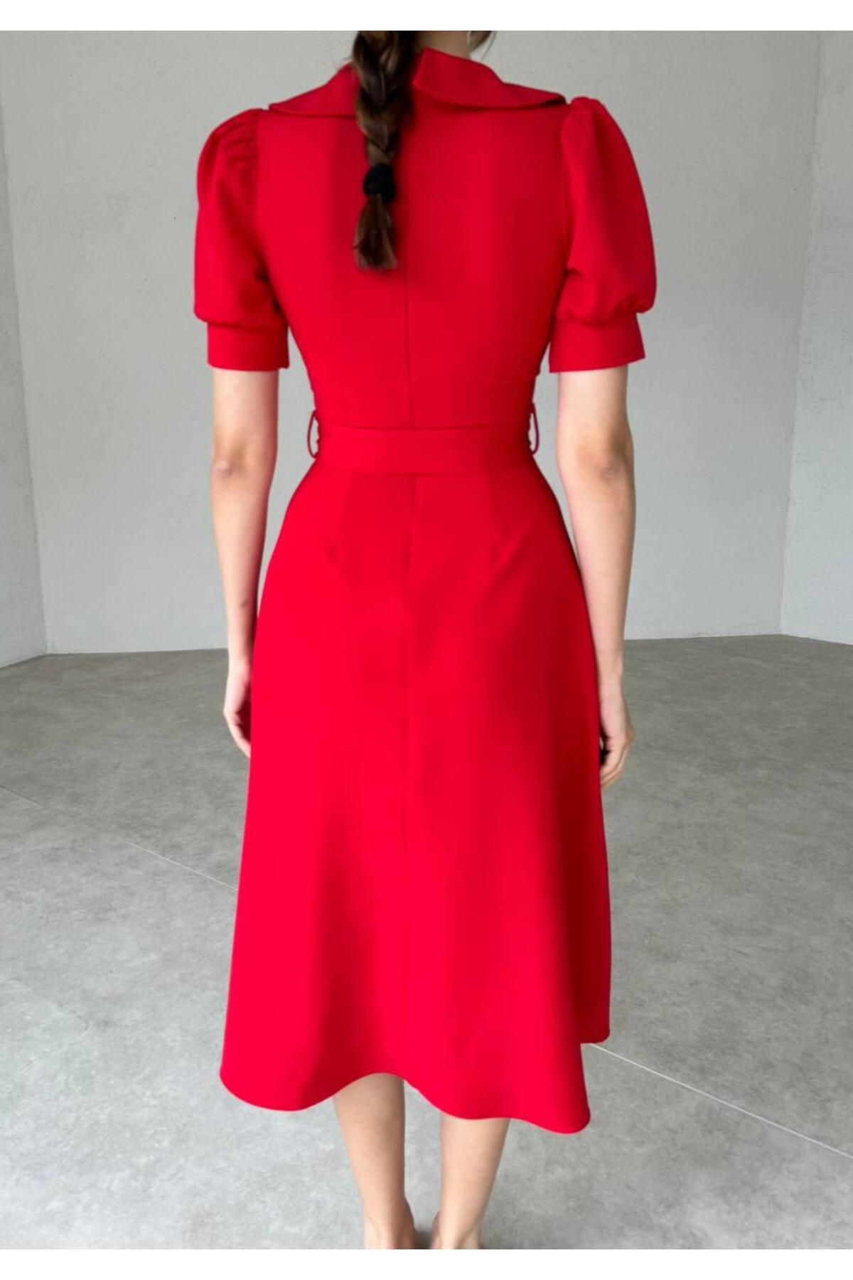 Baby Collar Buttoned Midi Atlas Dress