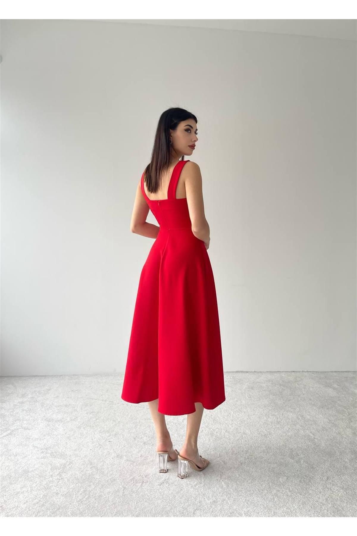 Colliope Square Neck Midi Length Dress -00037 - Red