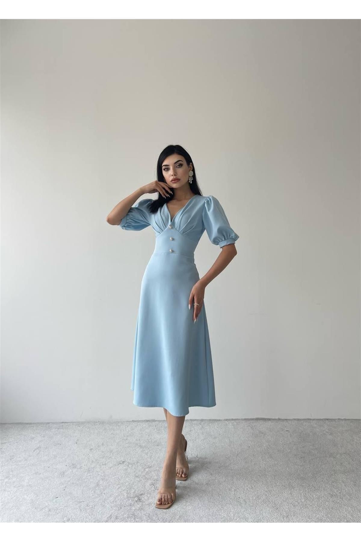 Linda Button Front Midi Dress - Baby Blue