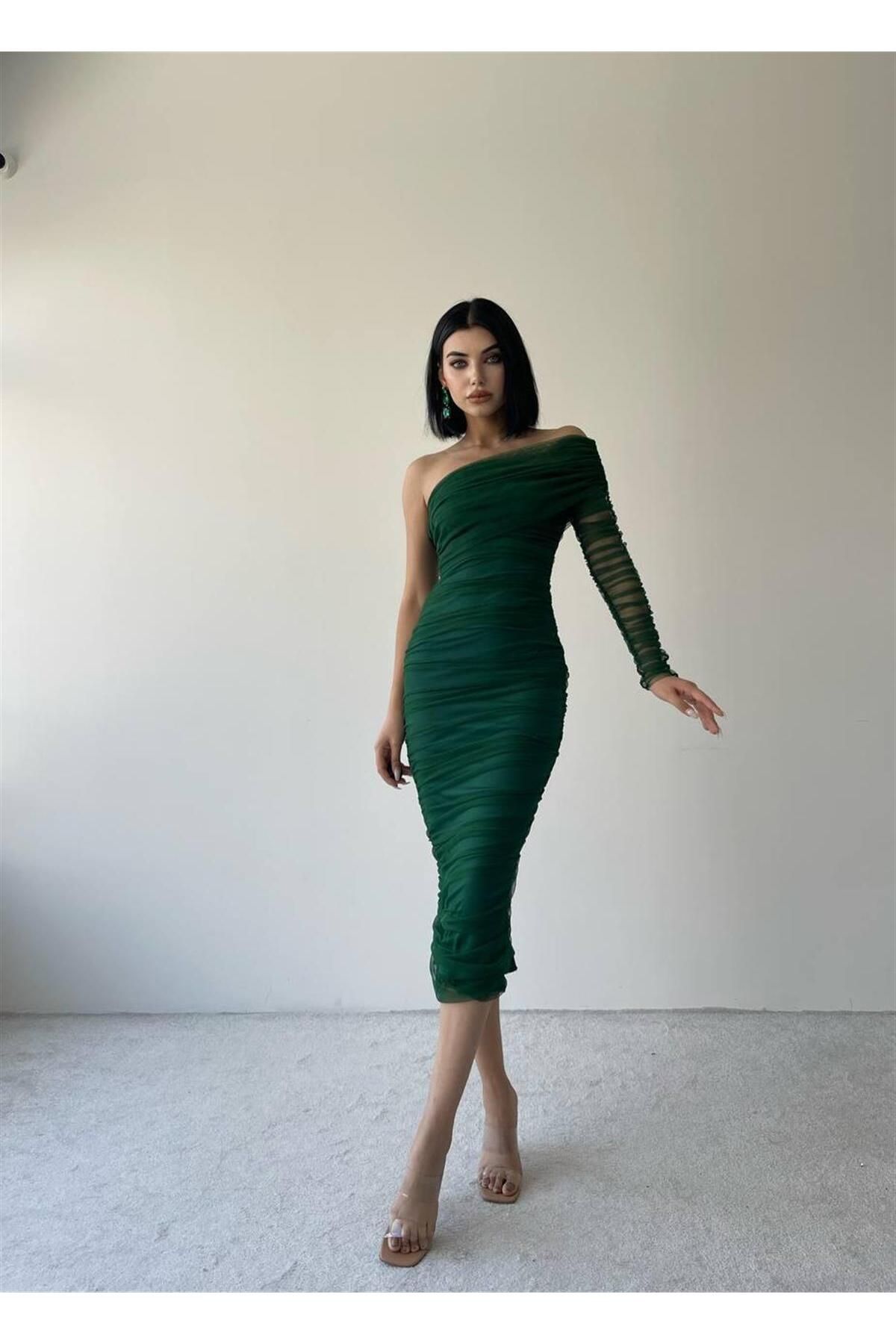 One Sleeve Draped Tulle Dress - Green