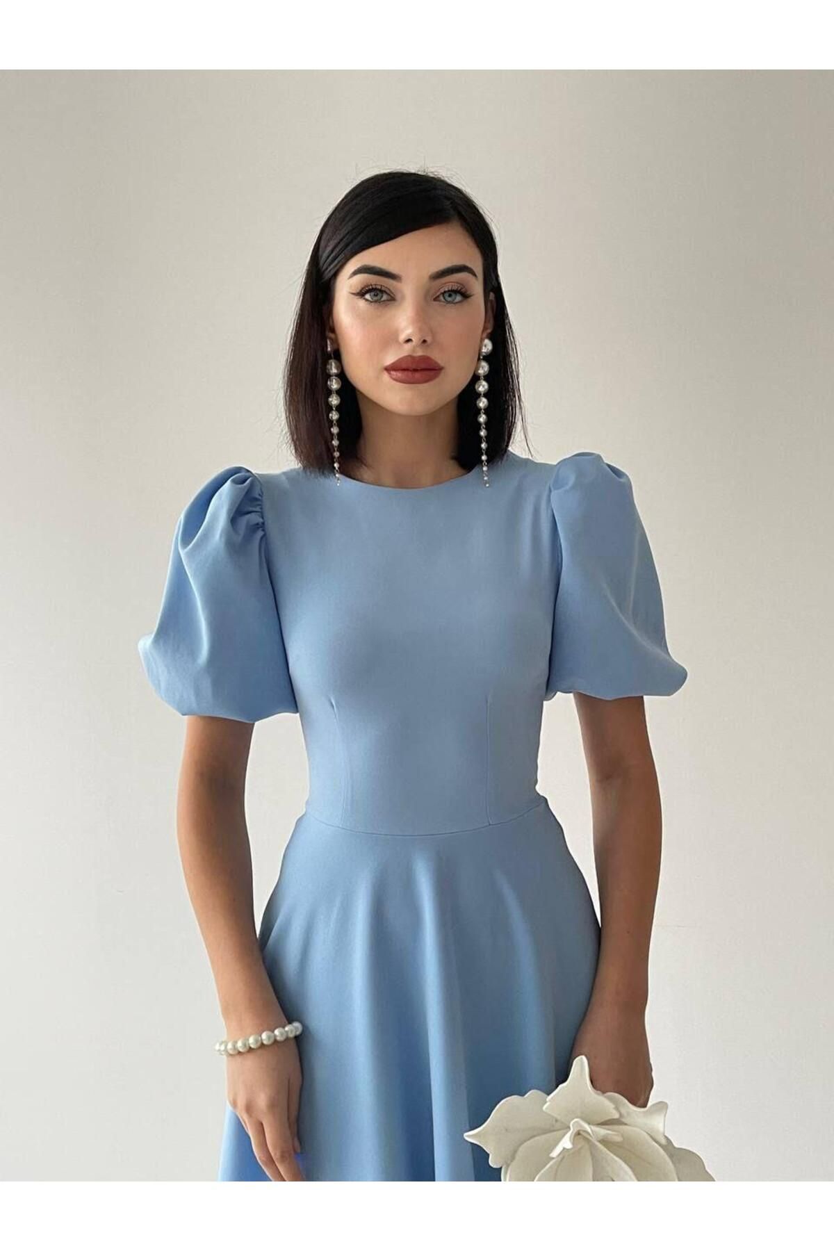 Viki Midi Length Flared Dress-4414 - Baby Blue