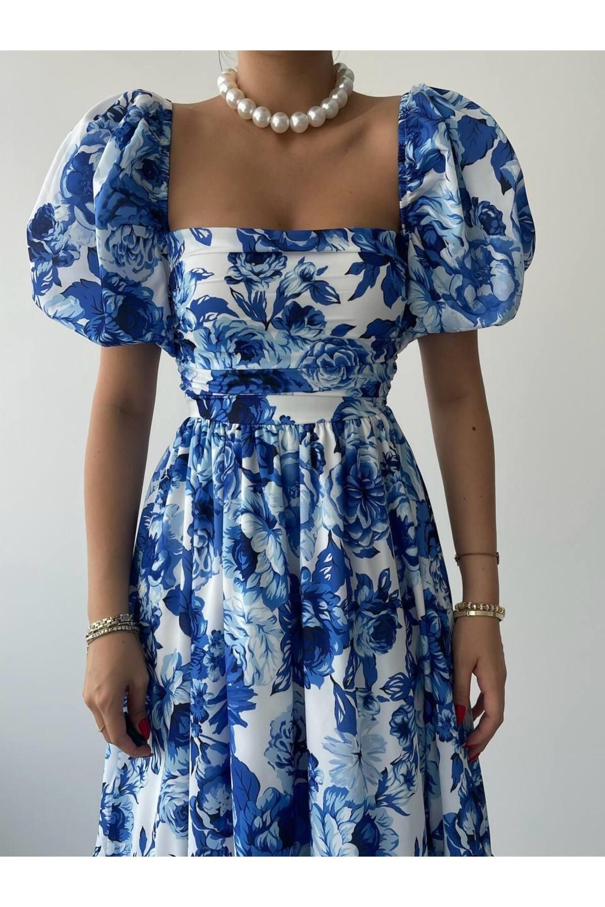 Balloon Sleeve Kiloşoş Blue Floral Midi Length Dress