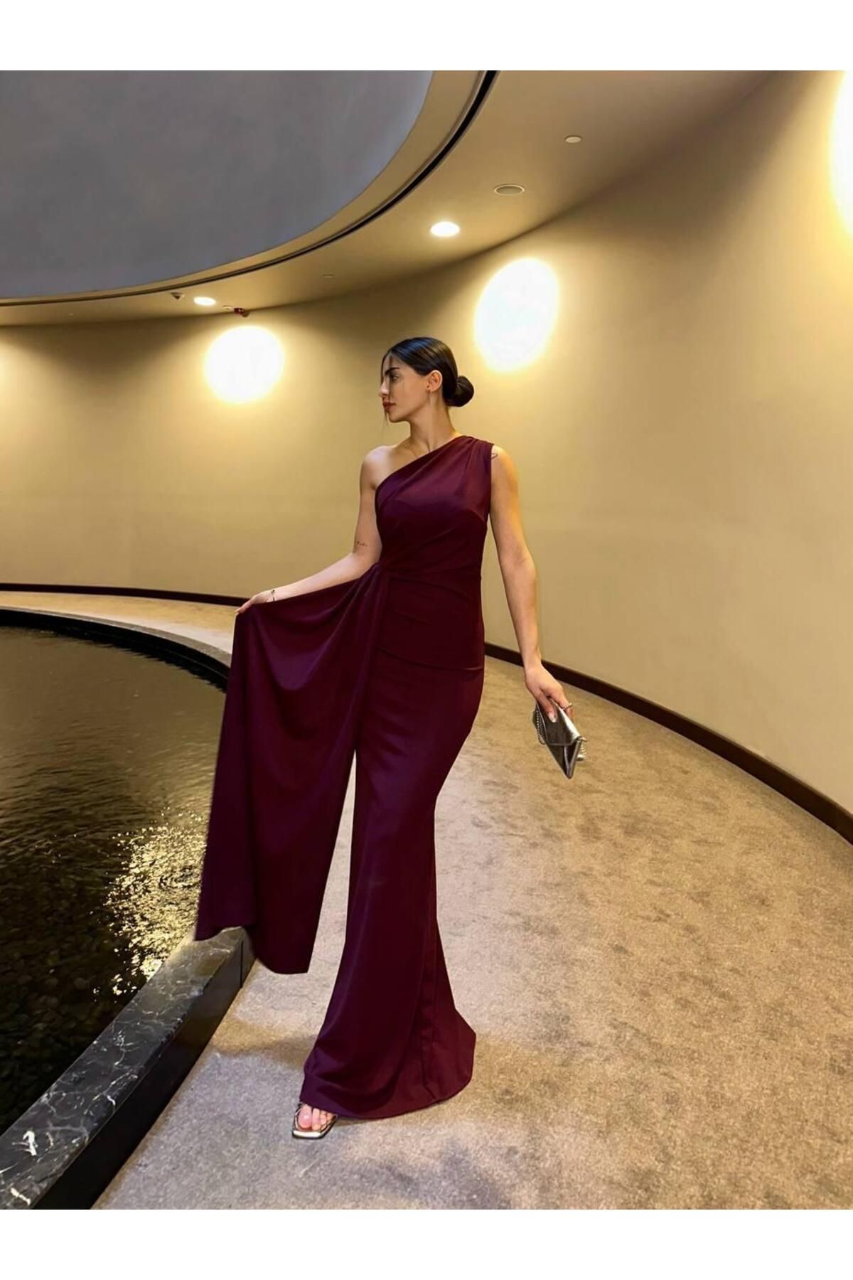 Adel One Shoulder Long Elegant Dress Burgundy