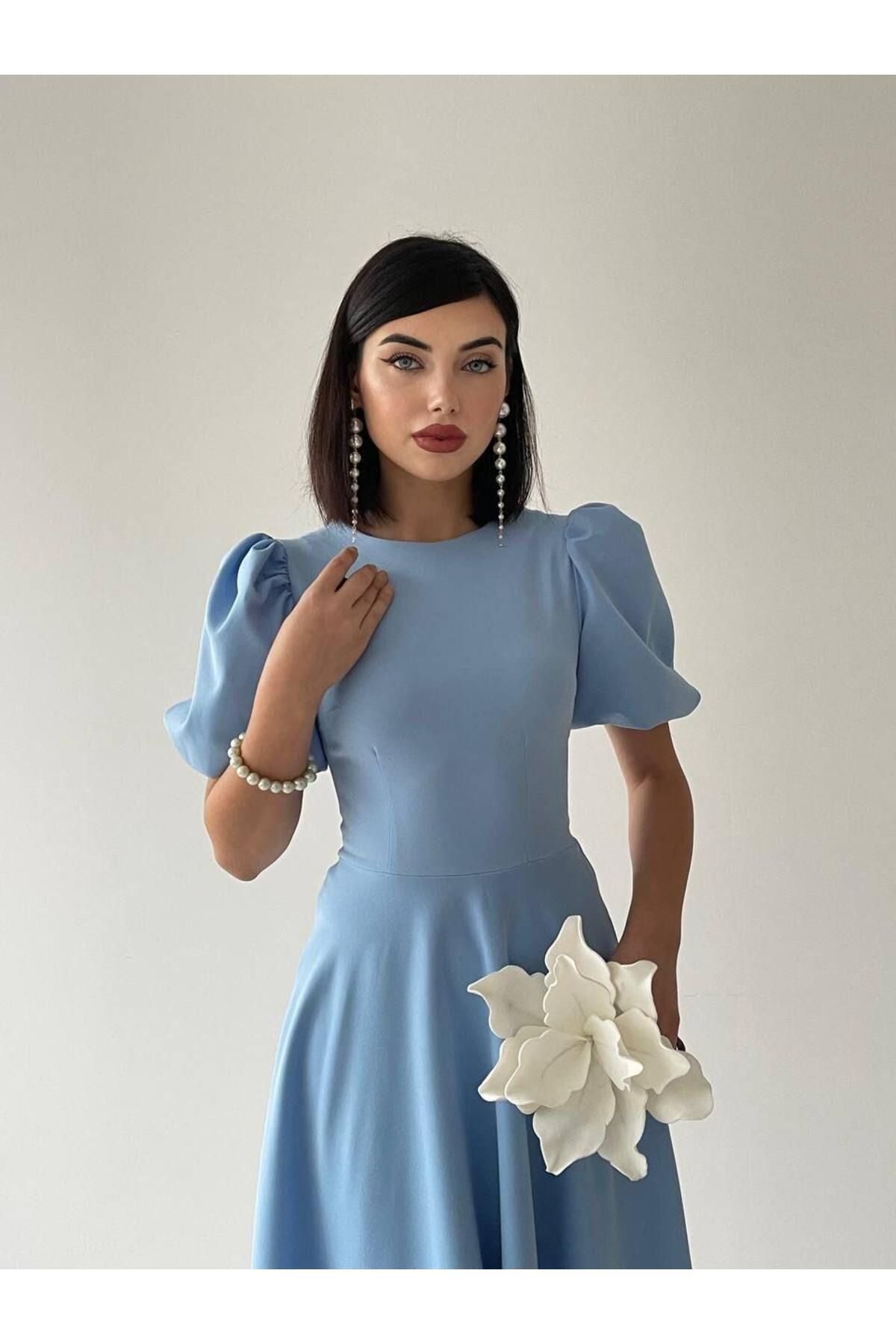 Viki Midi Length Flared Dress-4414 - Baby Blue