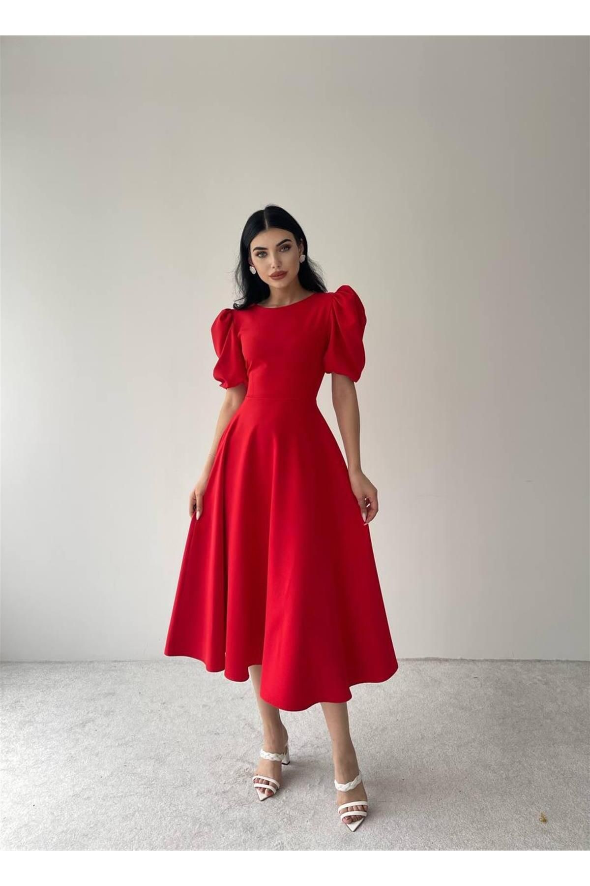 Viki Midi Length Flared Dress- 4414 - Red