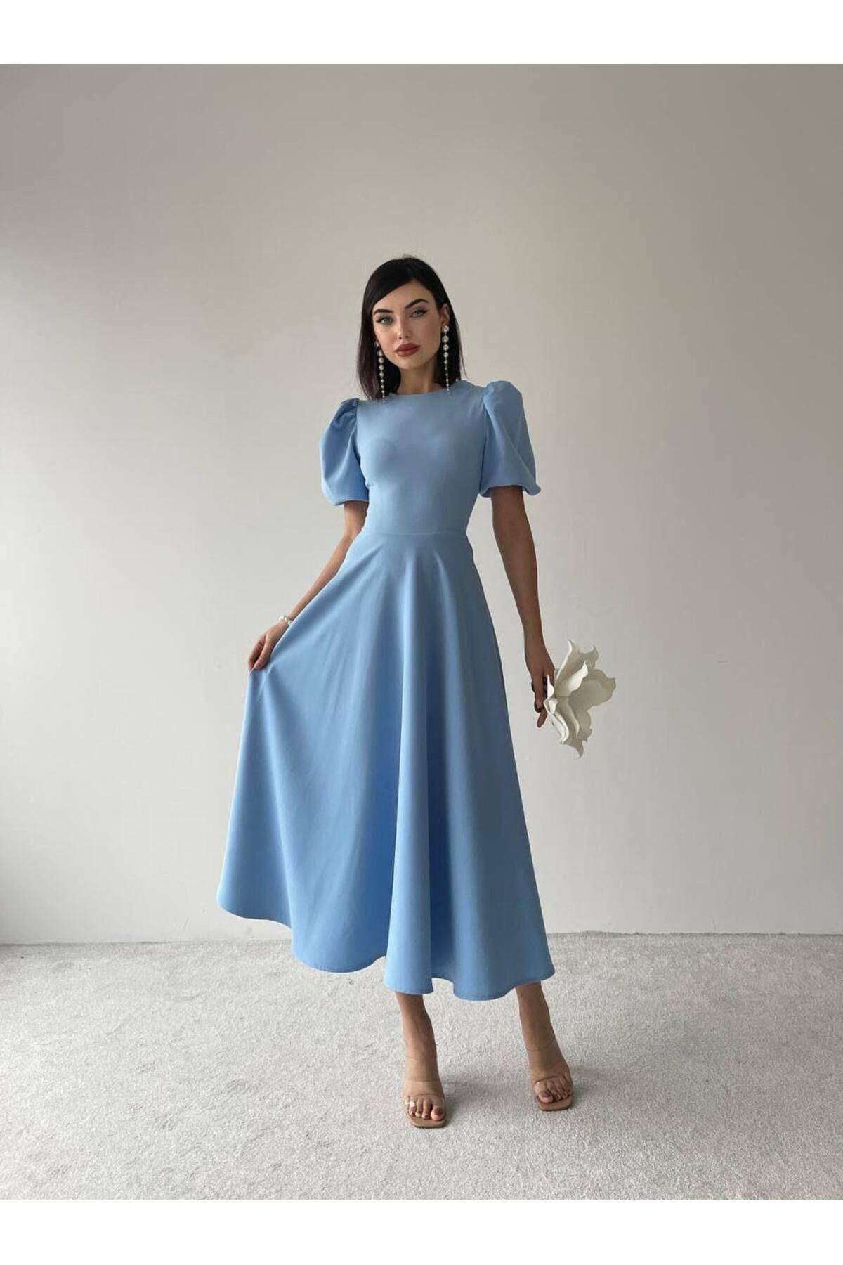 Viki Midi Length Flared Dress-4414 - Baby Blue