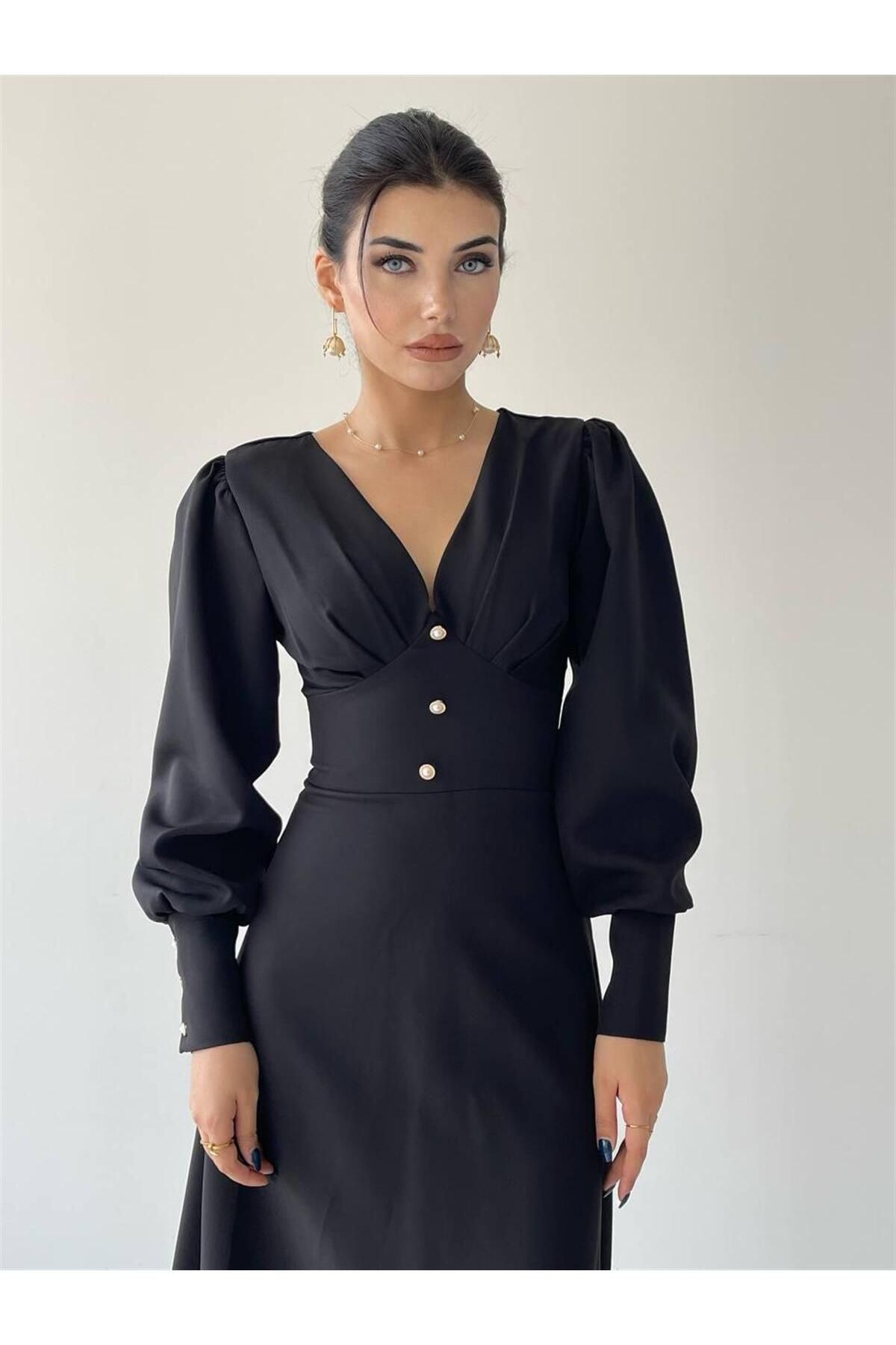 Casy Long Sleeve Button Detail Dress - Black