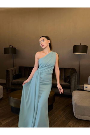 Adel One Shoulder Long Elegant Dress Aqua Green