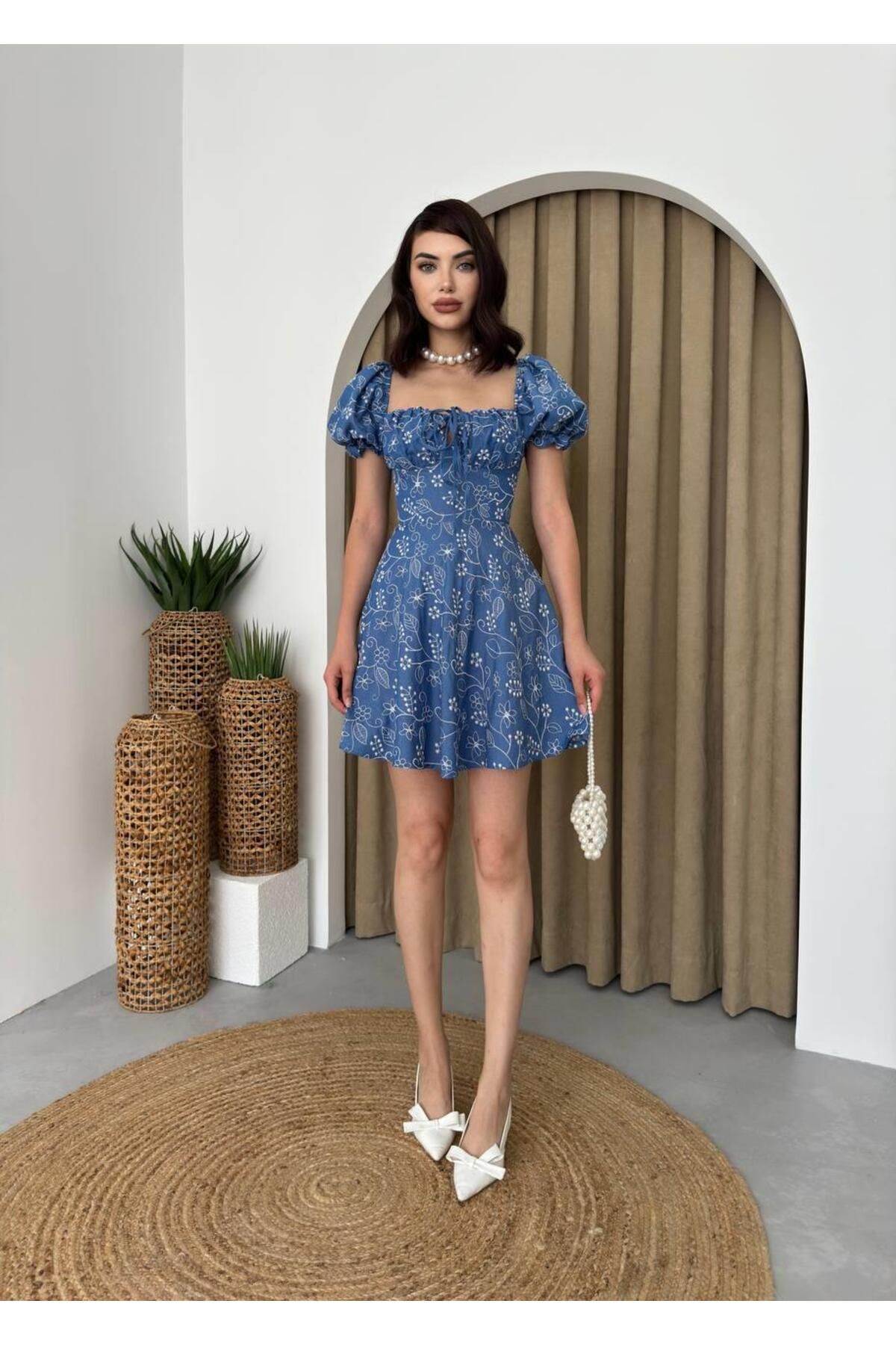 Embroidery Balloon Sleeve Mini Blue Dress