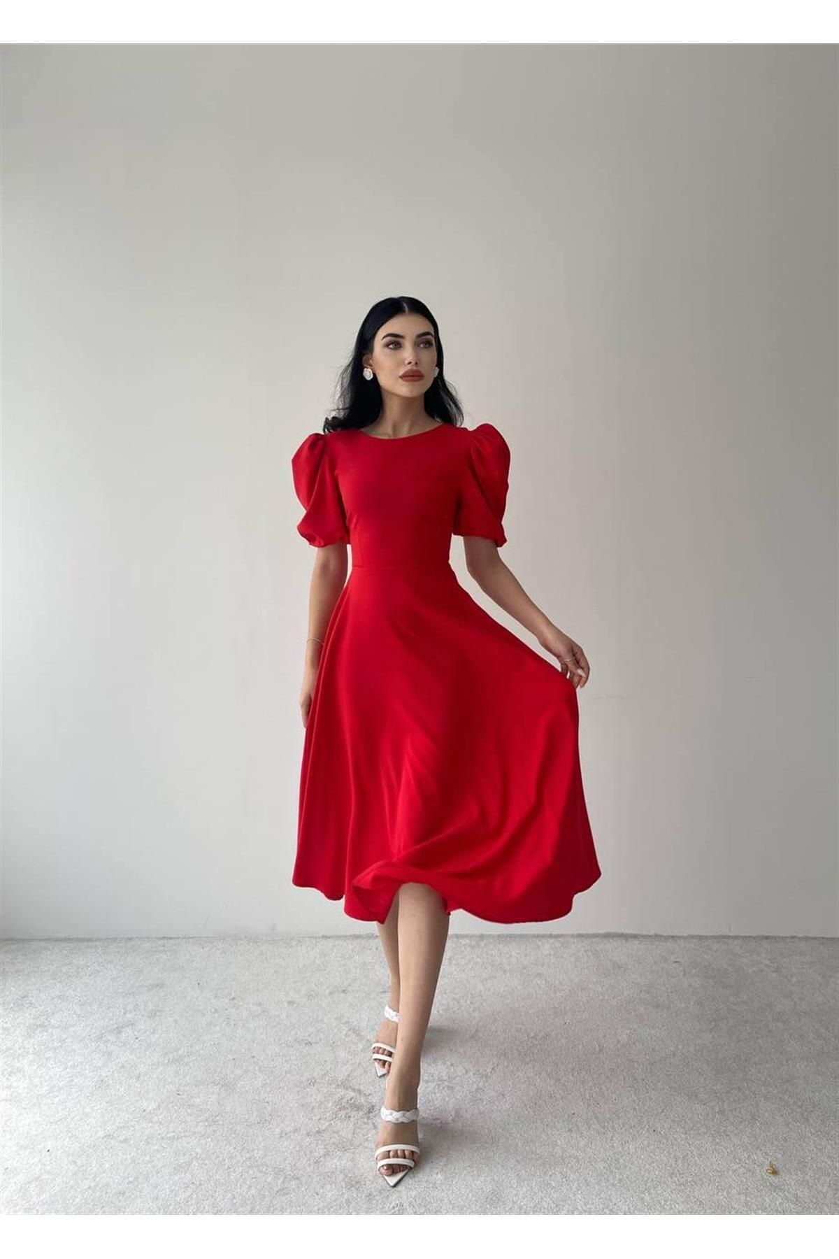 Viki Midi Length Flared Dress- 4414 - Red