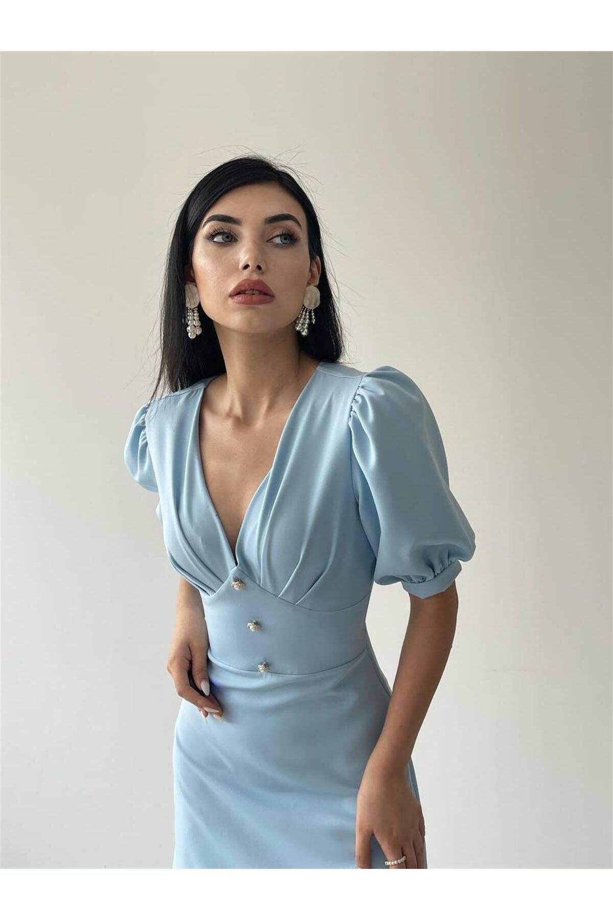 Linda Button Front Midi Dress - Baby Blue