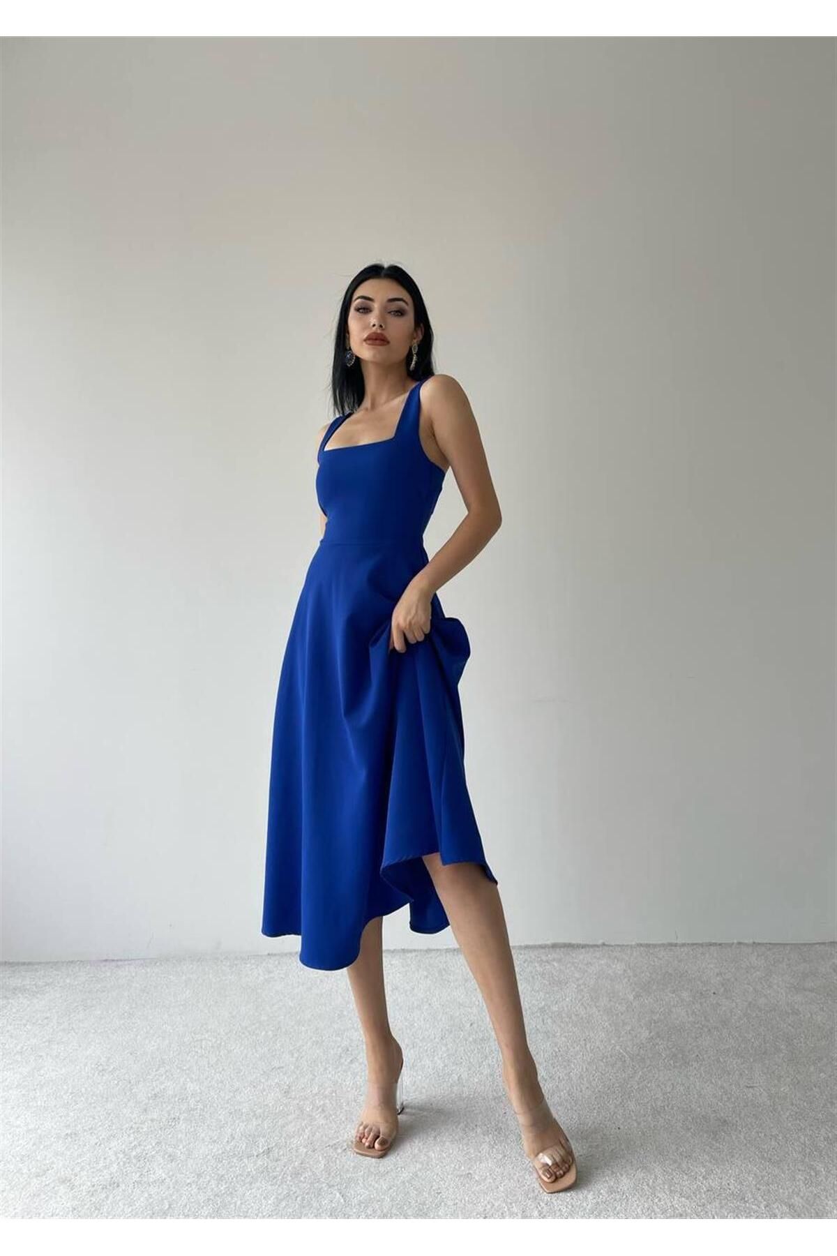 Calliope Square Neck Midi Length Dress - Blue