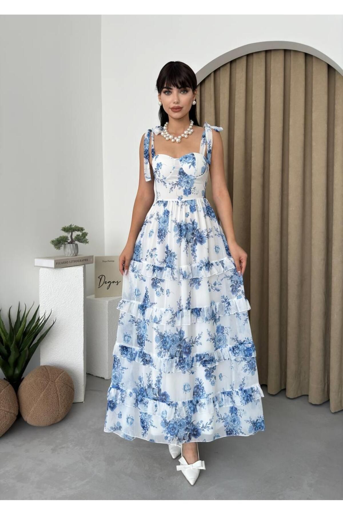 Chiffon Blue Floral Dress with Thick Straps