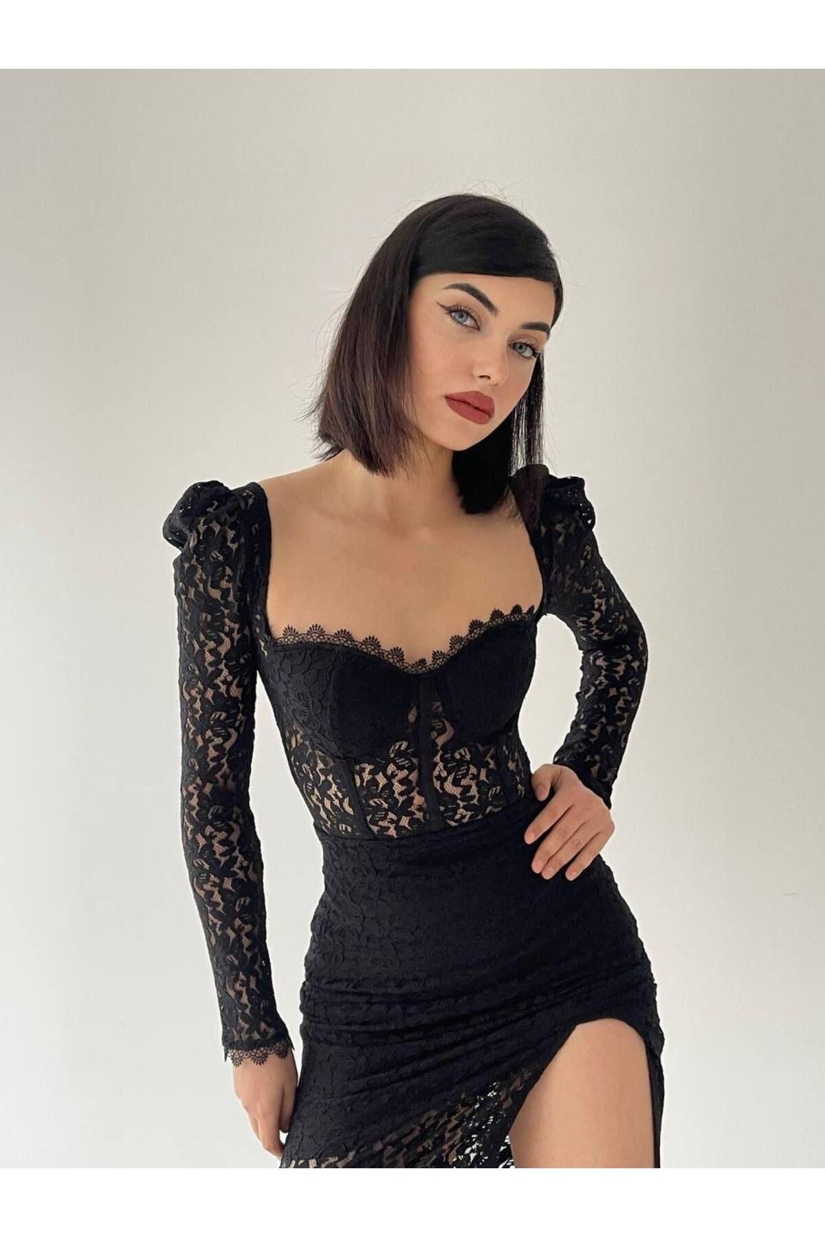 Iris Midi Glooped Lace Dress with Slits Black