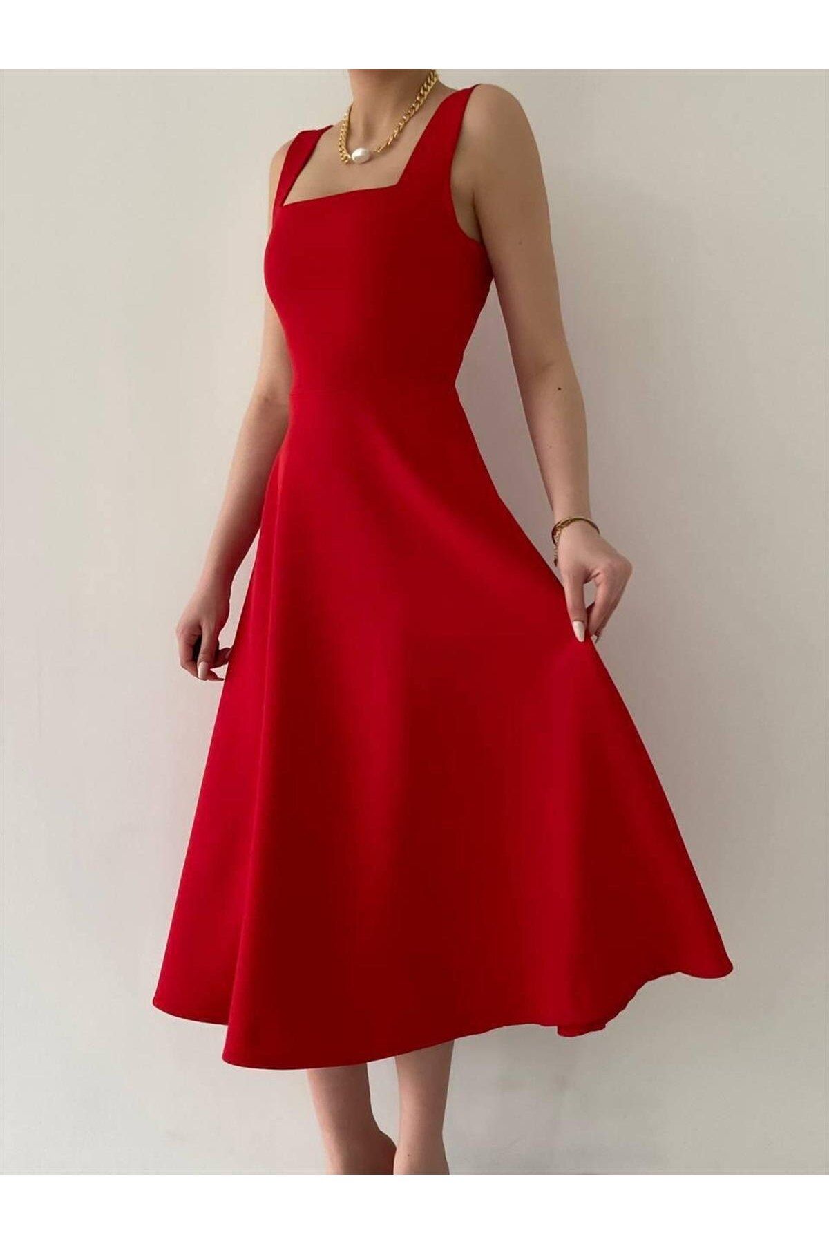 Colliope Square Neck Midi Length Dress -00037 - Red