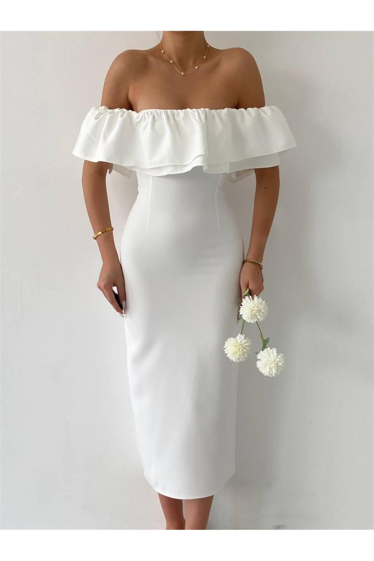 Amour Midi Length Ruffle Dress - White