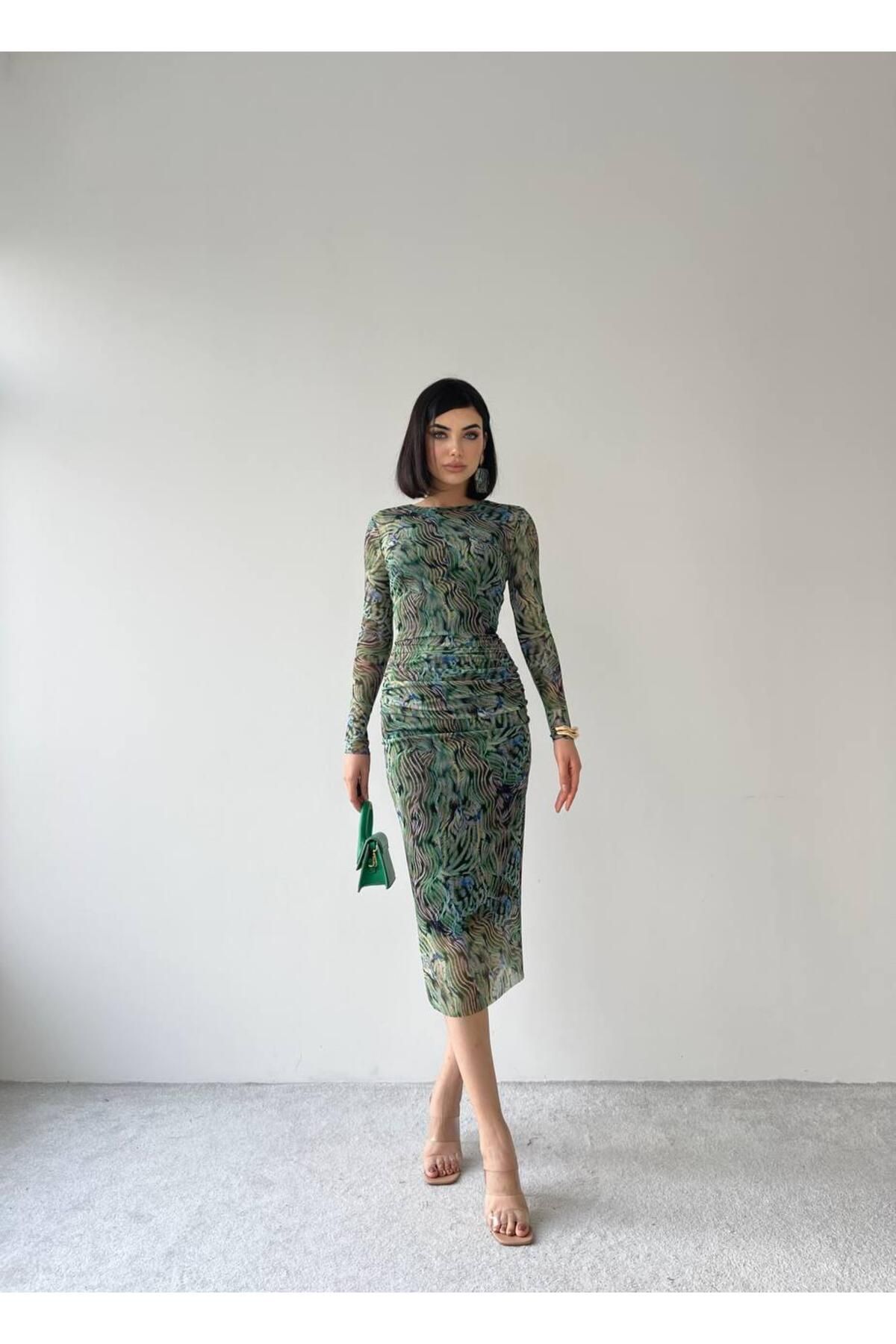 Clover Green Midi Patterned Stretch Dress