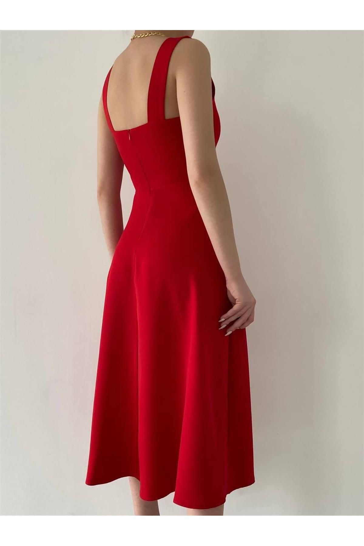 Colliope Square Neck Midi Length Dress -00037 - Red