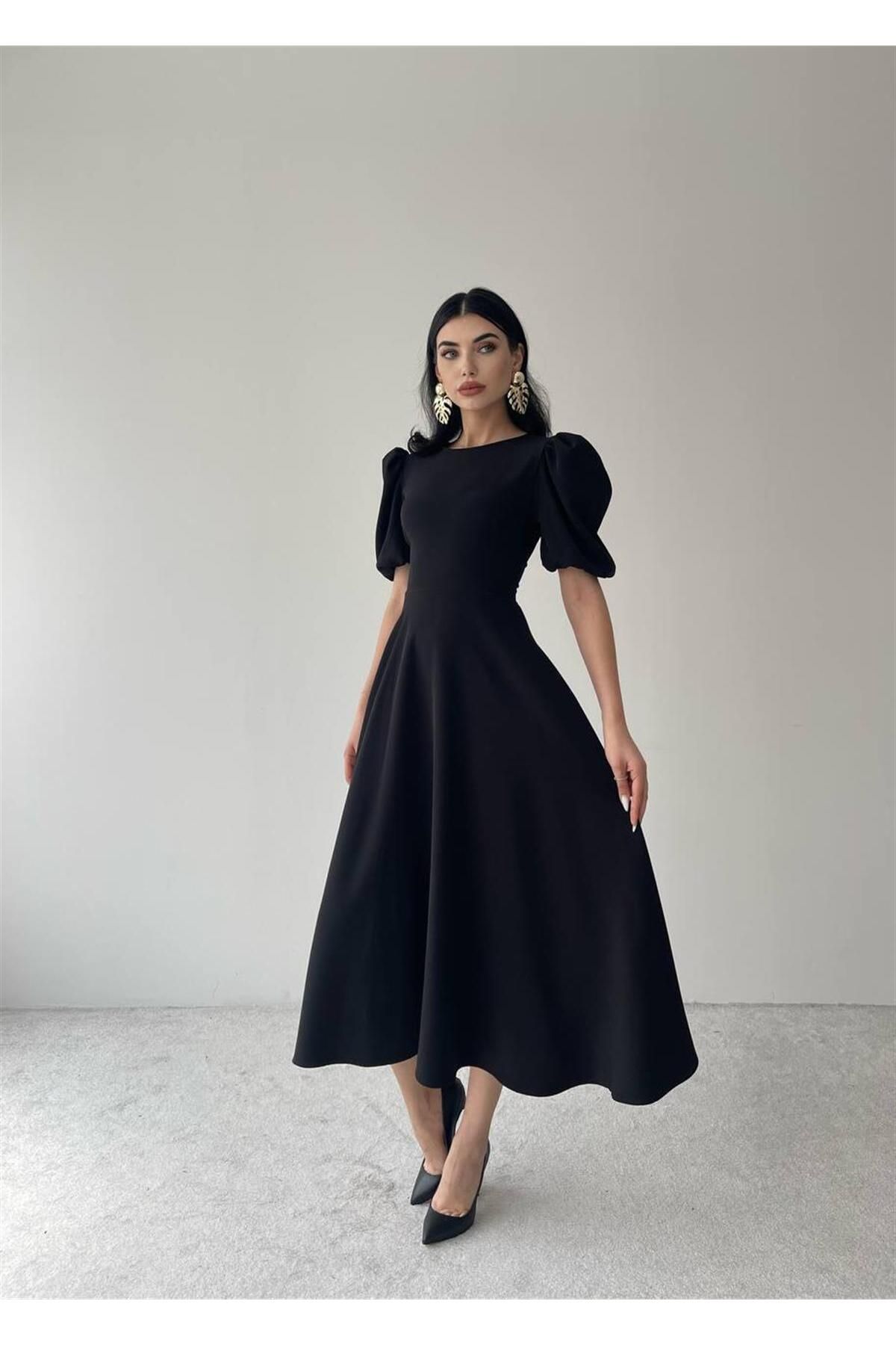 Viki Midi Length Flared Dress-4414 - Black