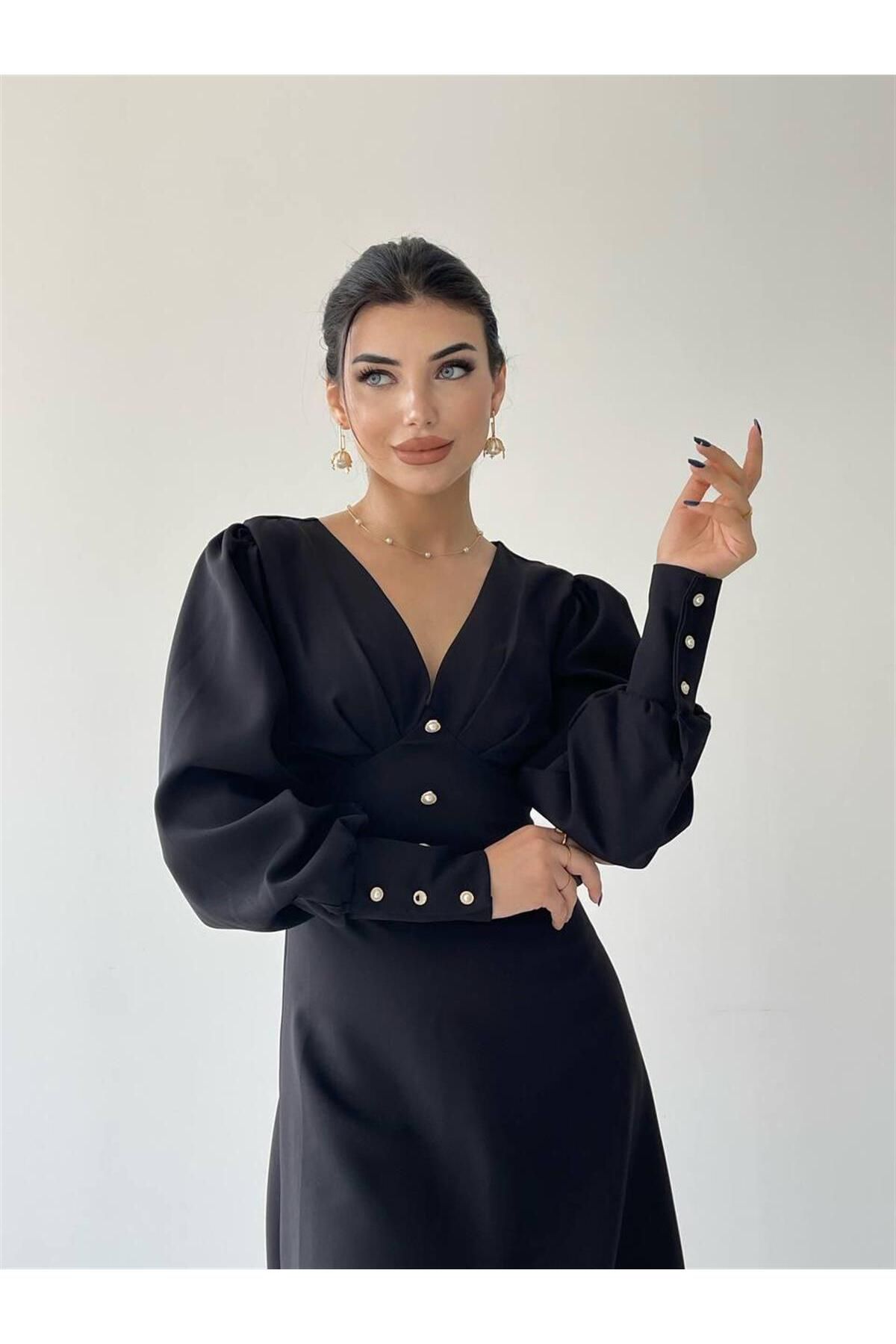 Casy Long Sleeve Button Detail Dress - Black