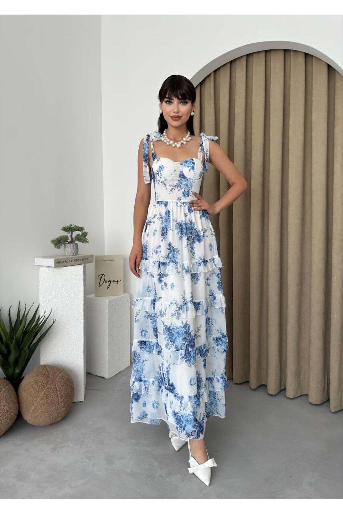 Chiffon Blue Floral Dress with Thick Straps