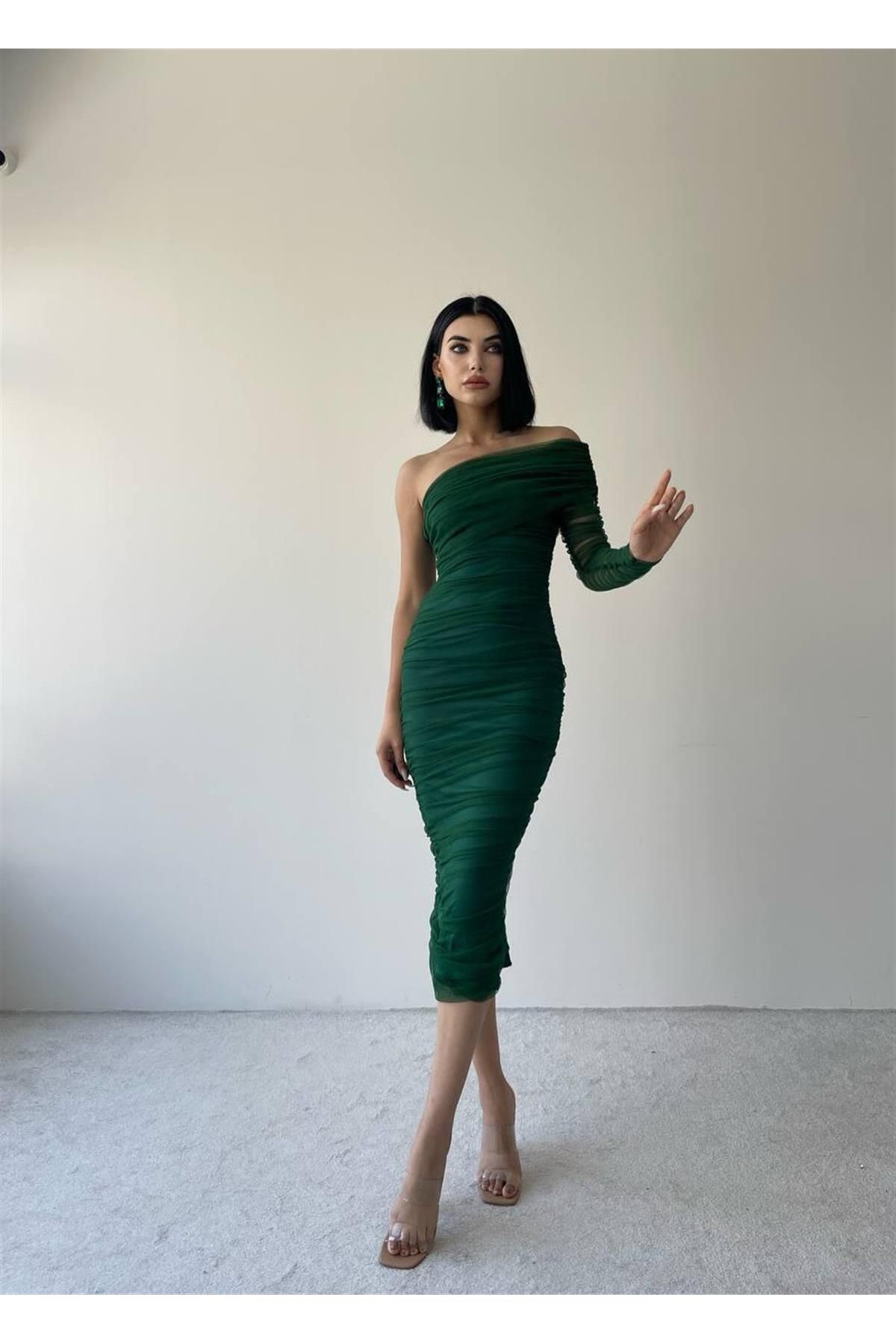 One Sleeve Draped Tulle Dress - Green