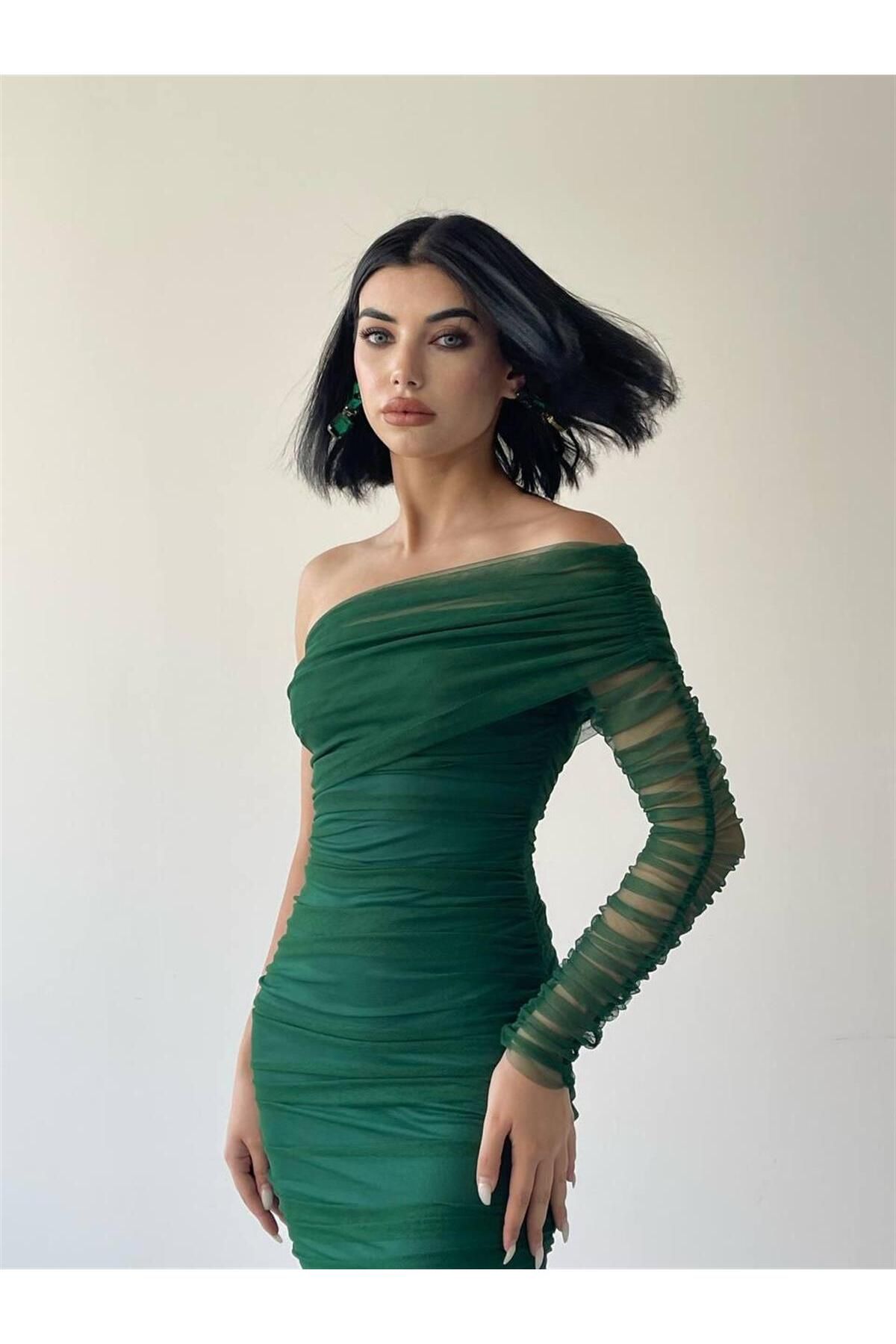 One Sleeve Draped Tulle Dress - Green