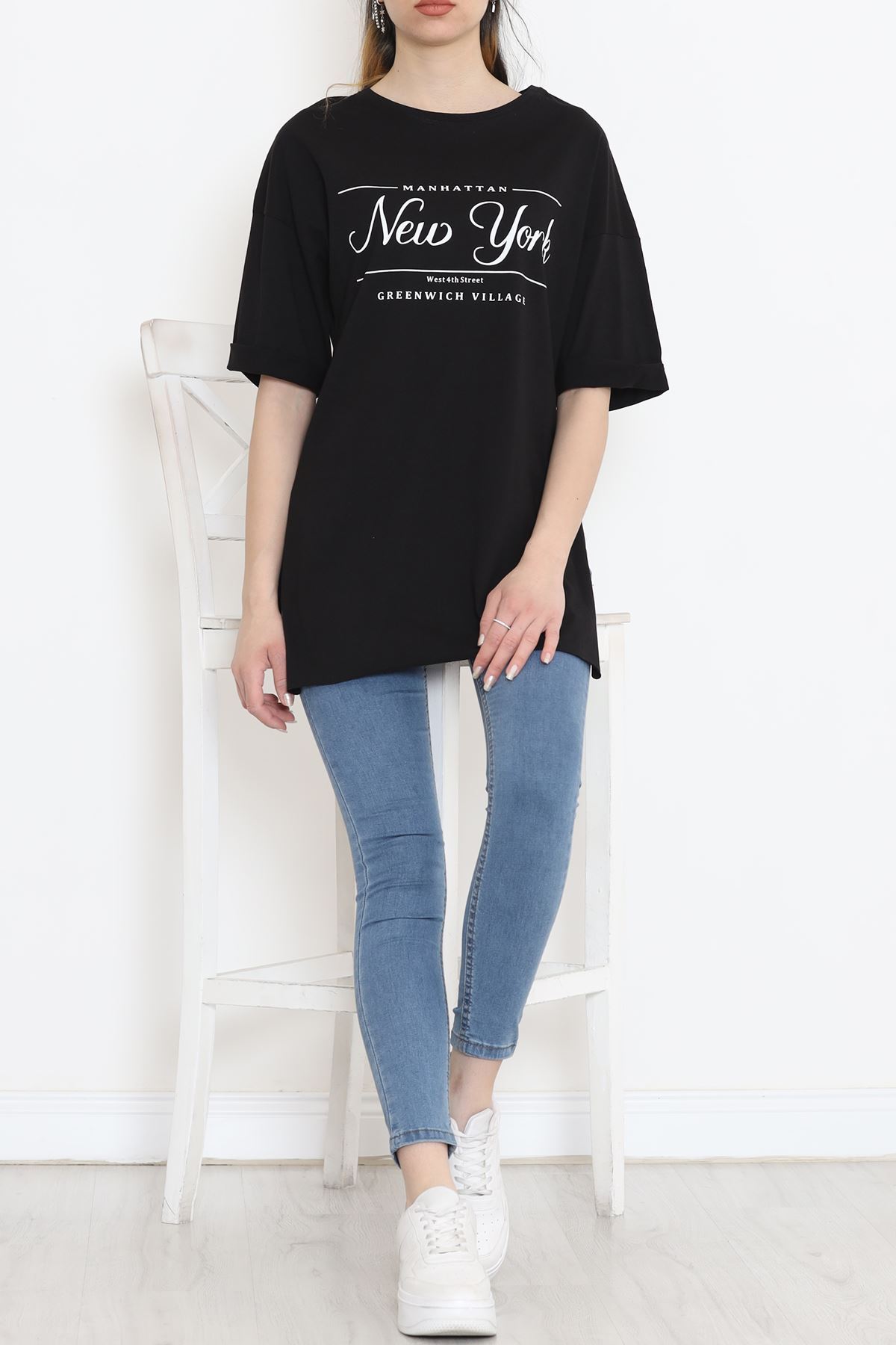 Printed Side Slit T-shirt Black - 16557.1567.