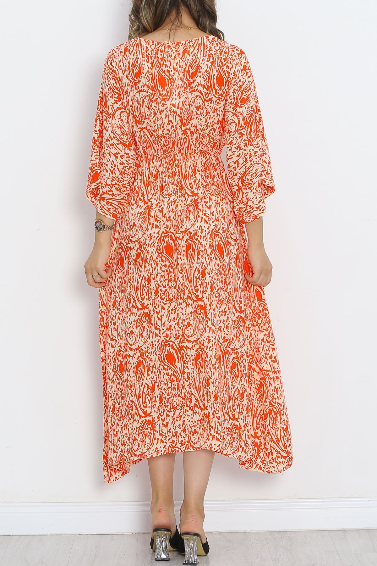 Double-breasted Collar Patterned Dress Orange - 707.1247.