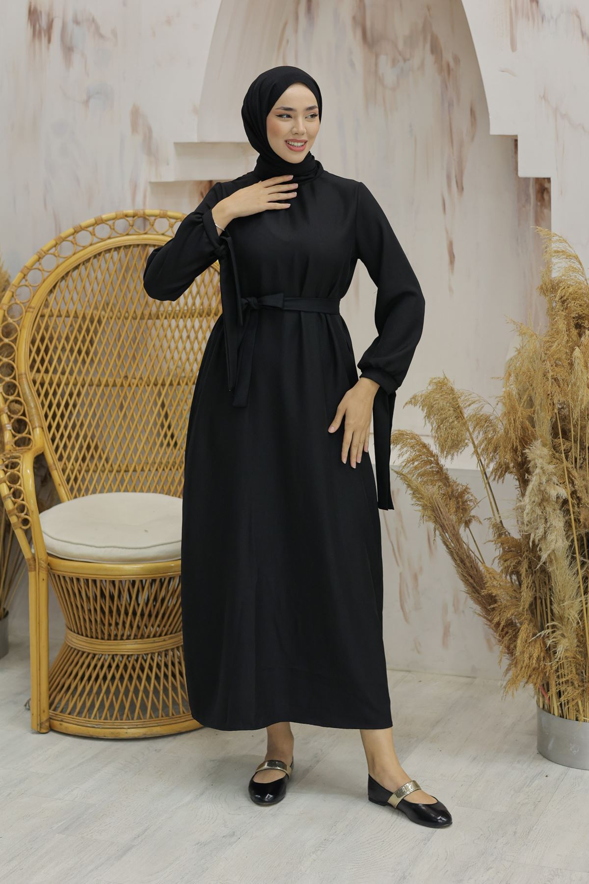 Linen Dress with Sleeve Ties Black - 20346.1778.