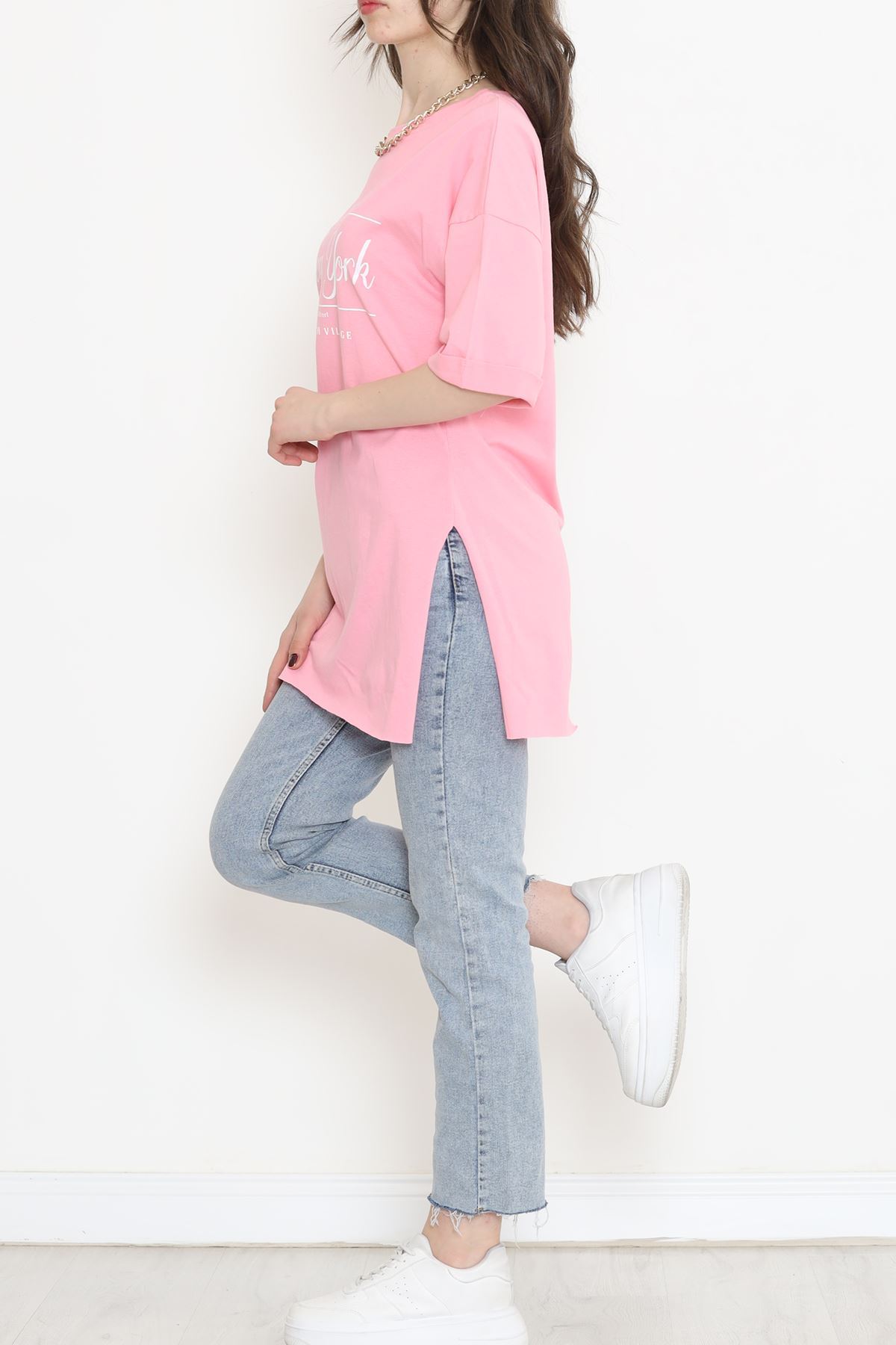 Printed Side Slit T-shirt Pink - 16557.1567.