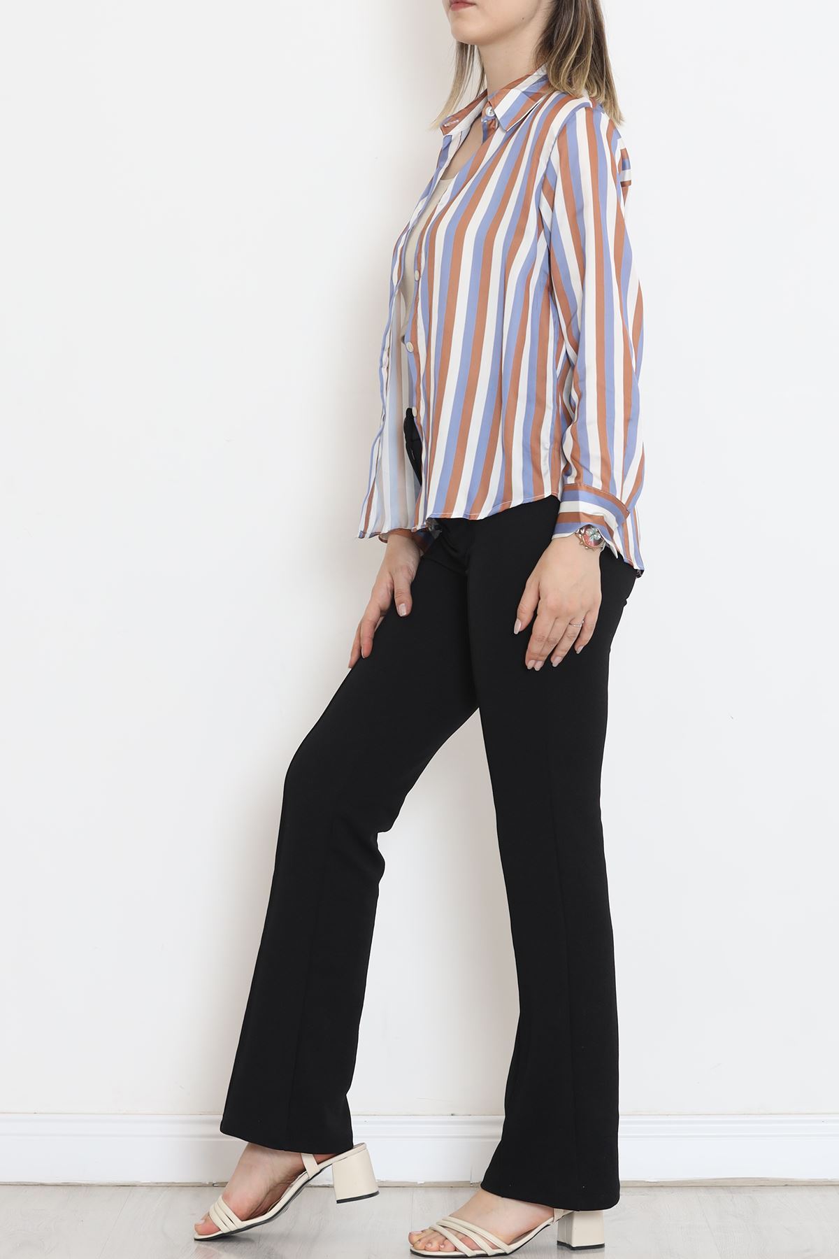 Striped Satin Shirt Blue-Brown - 909.1247.