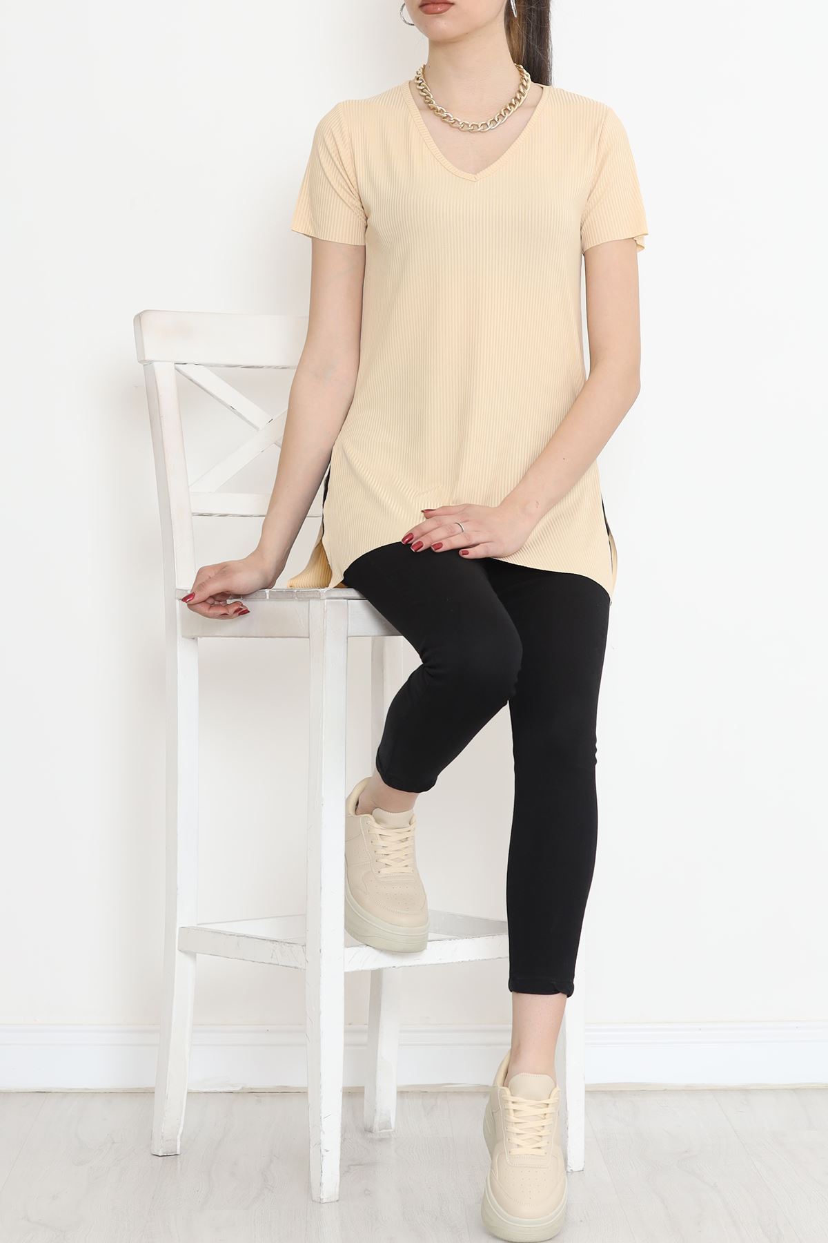 V-Neck T-Shirt with Slits Beige - 1998.555.