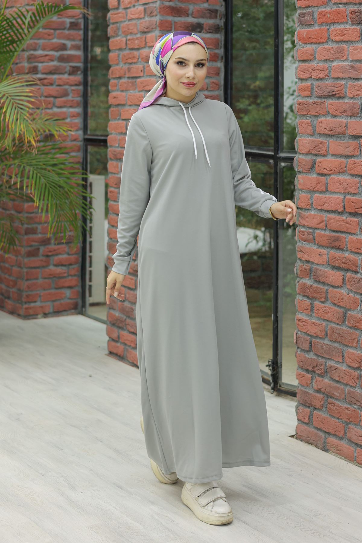 Hooded Stripe Detailed Dress Gray - 10005.1778.