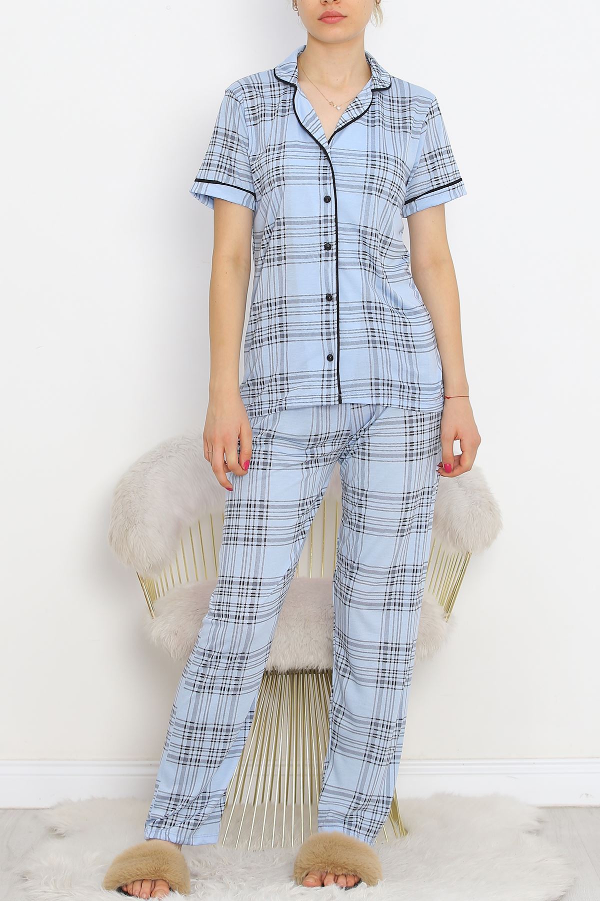 Polyviscose Interlock Short Sleeve Pajama Set Blue Black - 927.1287.