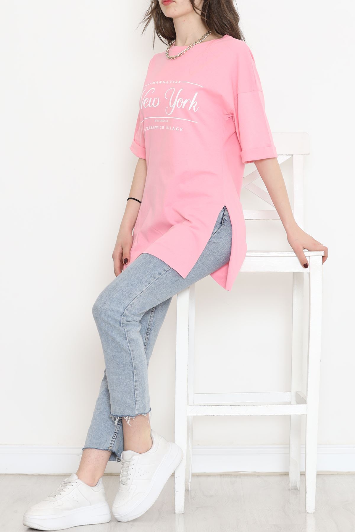 Printed Side Slit T-shirt Pink - 16557.1567.