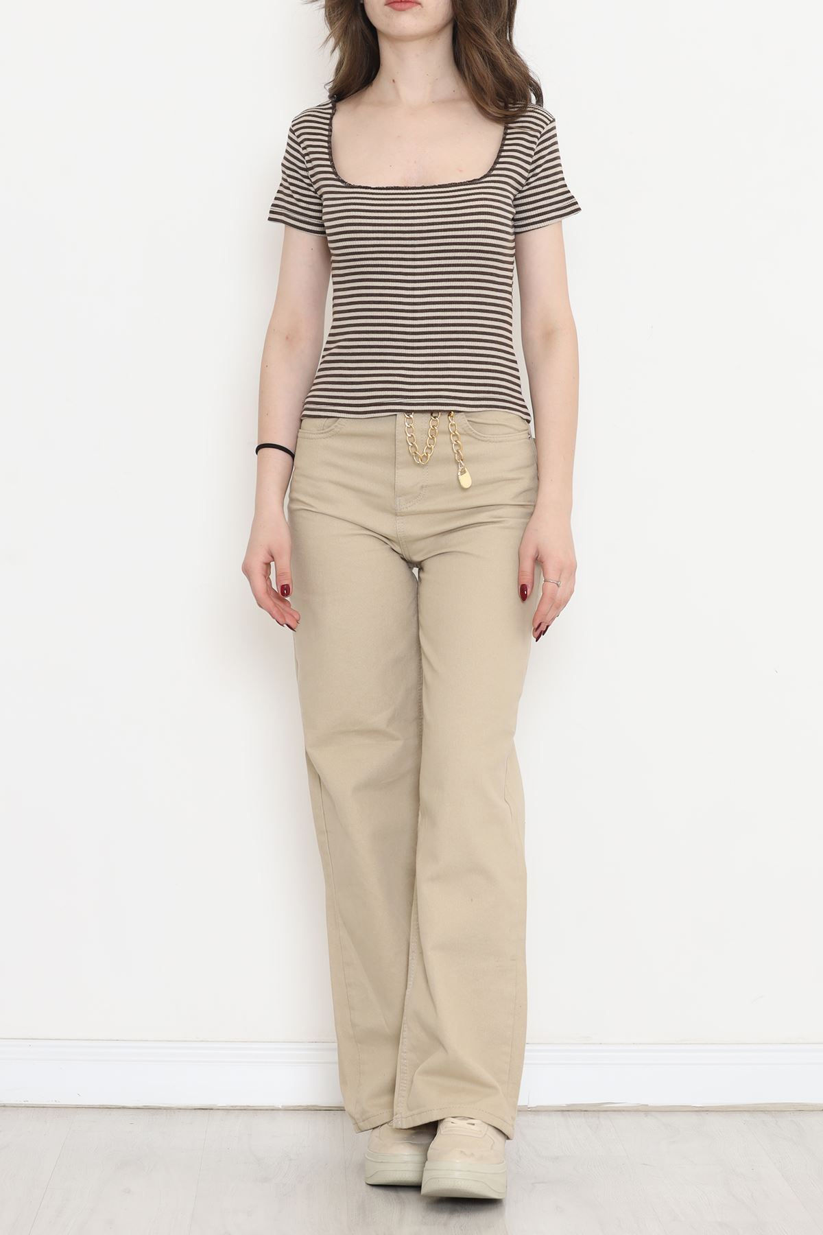 Striped Square Neck Blouse Coffee - 15892.1567.