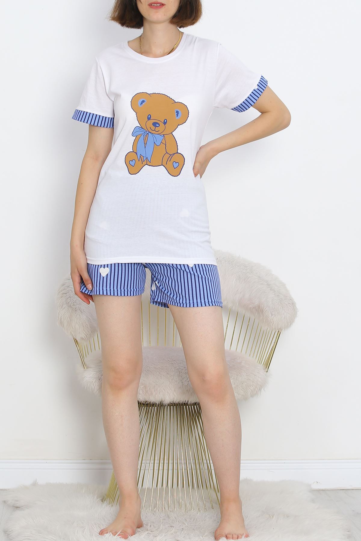 Short Sleeve Shorts Pajama Set WhiteBlue - 18956.1567.