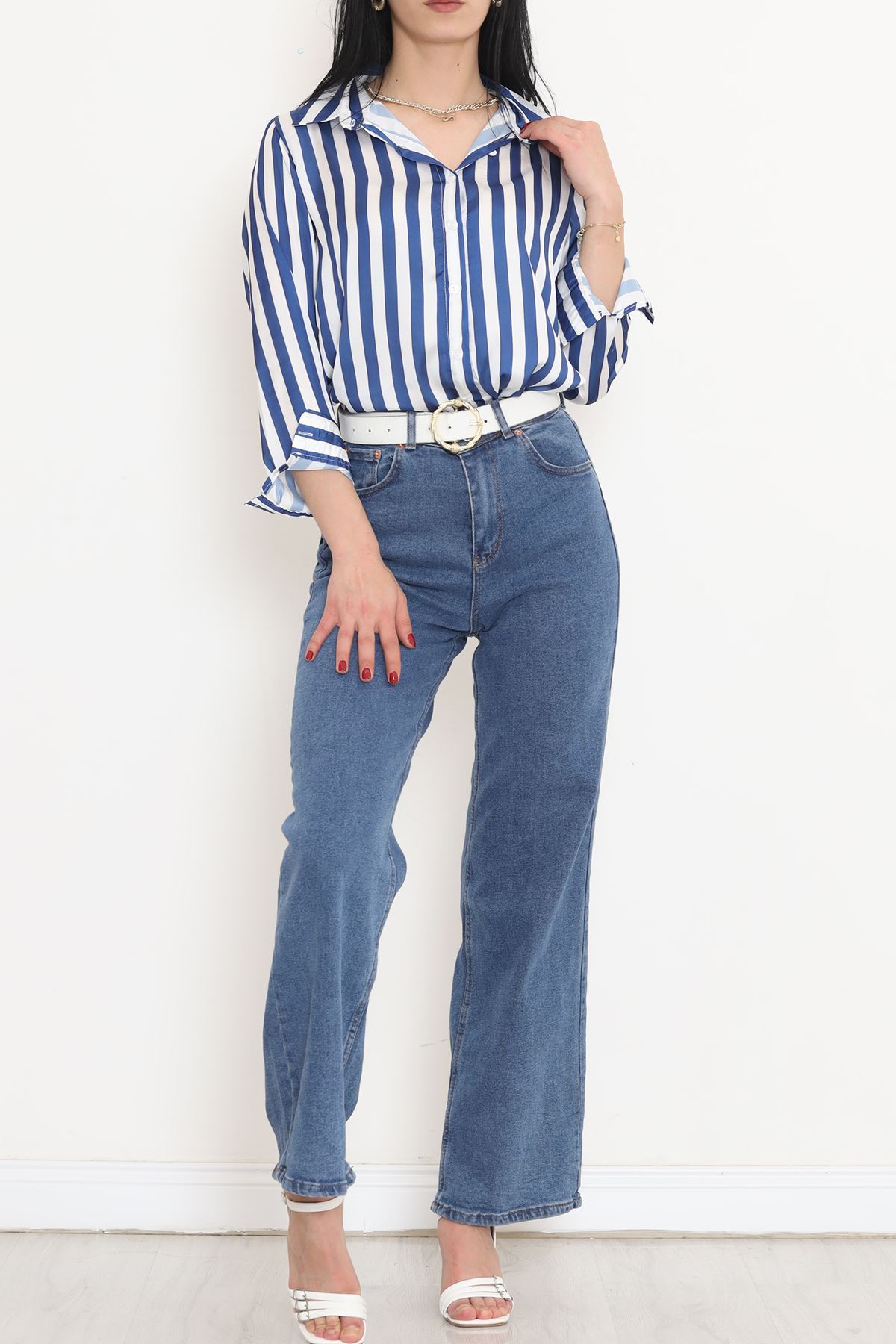 Striped Satin Shirt Beyazsaks - 909.1247.