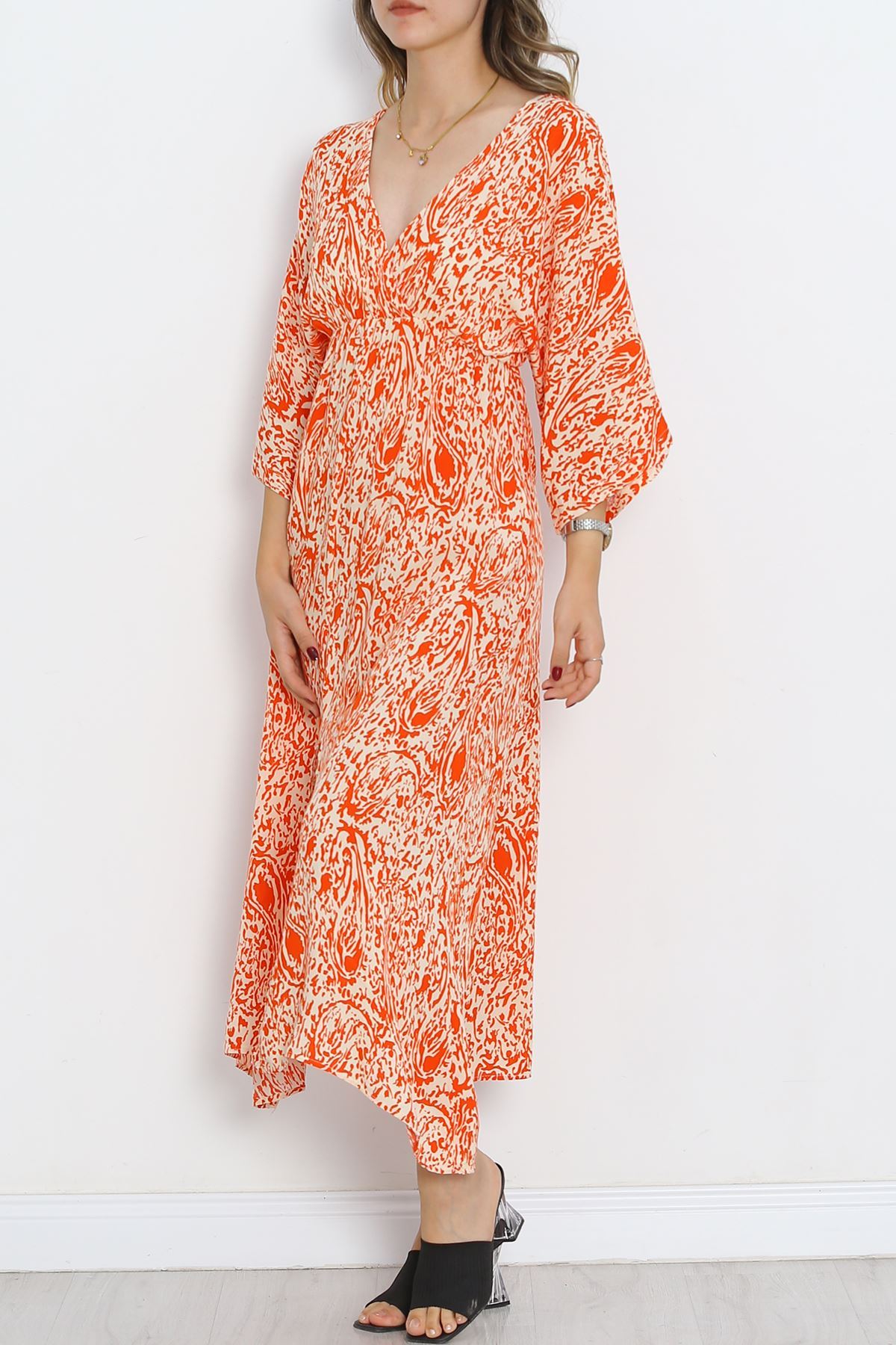 Double-breasted Collar Patterned Dress Orange - 707.1247.