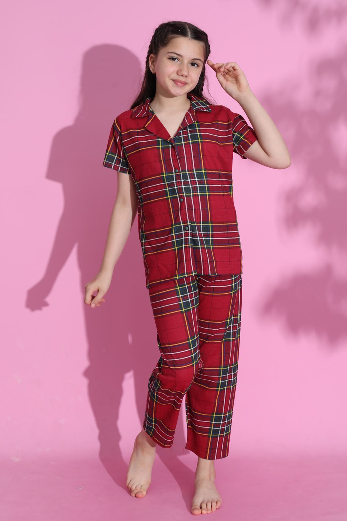 4-13 Years Old Children's Pajama Set Maroon-checked - 403.1287.