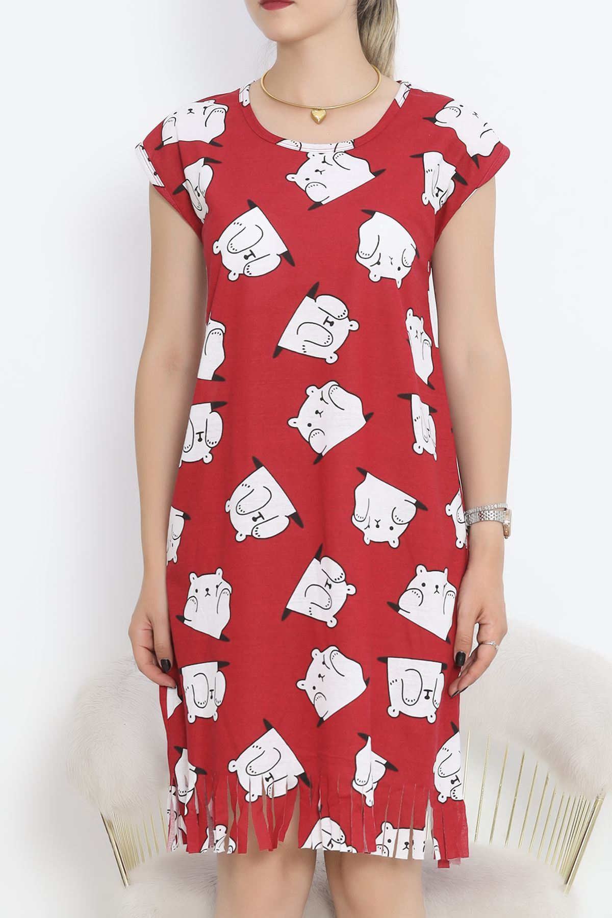 Printed Rotation Tasseled Dress Red and White - 263.1287.