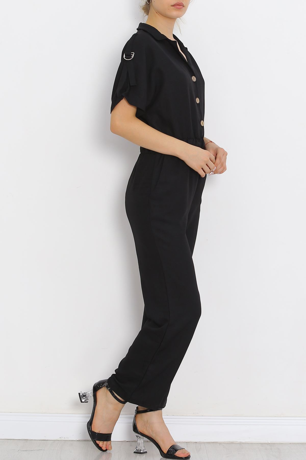 Double-breasted Collar Linen Jumpsuit Black - 16825.1778.