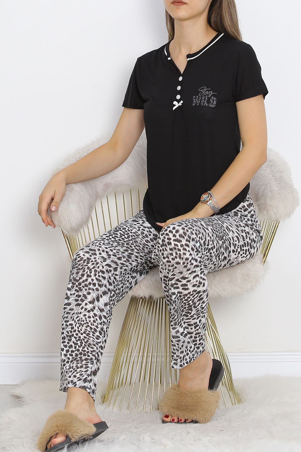 Pear Neck Short Sleeve Pajama Set Blackleopard - 705.1287.