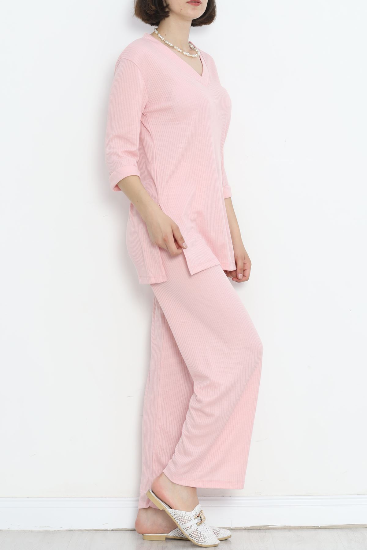 Fitted V-Neck Polyviscose Suit Pink - 903.1287.