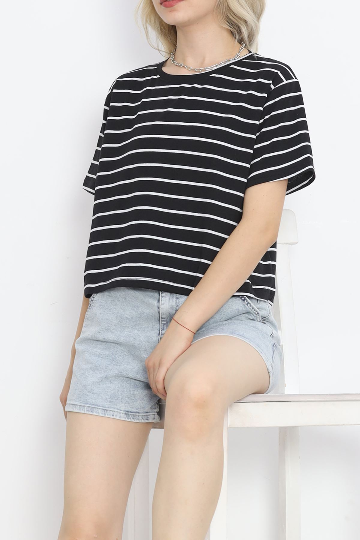 Striped Single Jersey Crop T-shirt Black - 9528.1567.