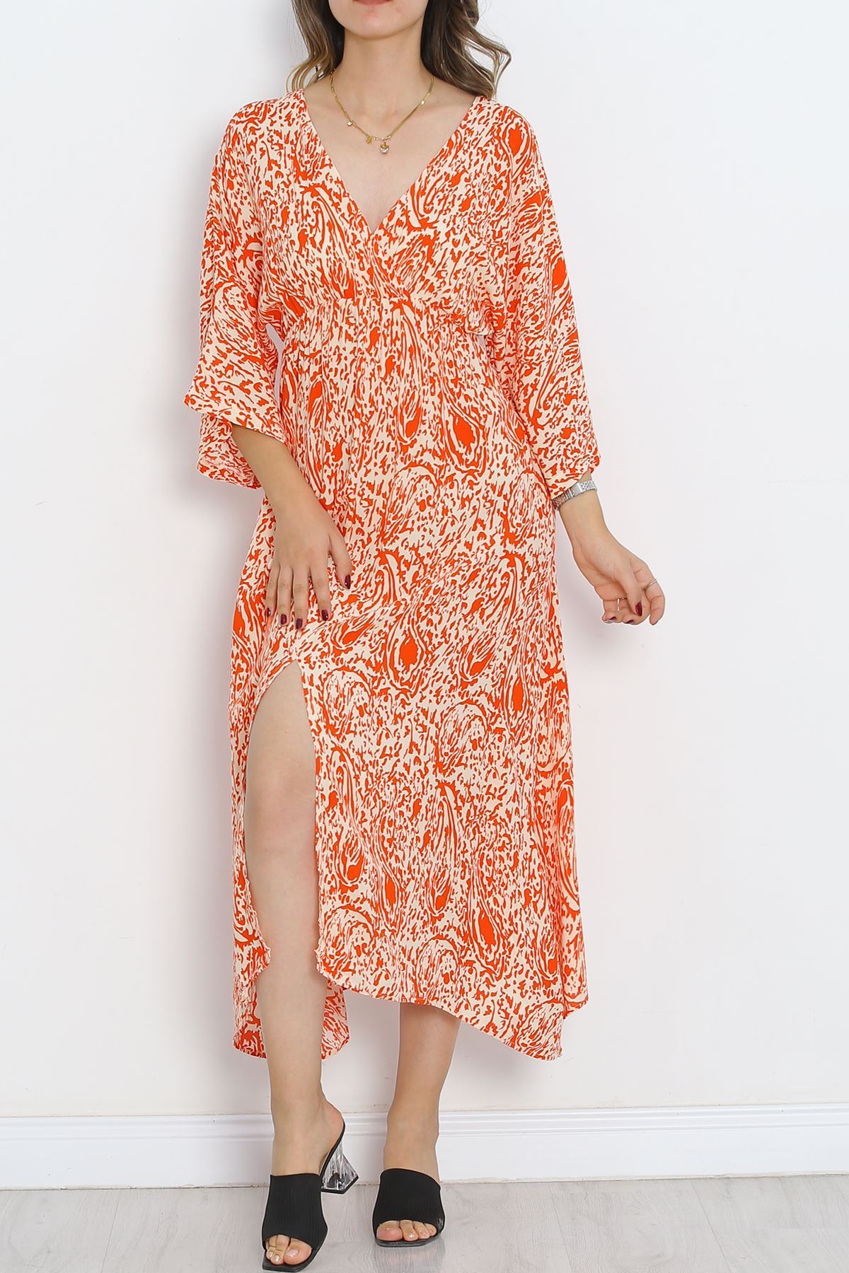 Double-breasted Collar Patterned Dress Orange - 707.1247.