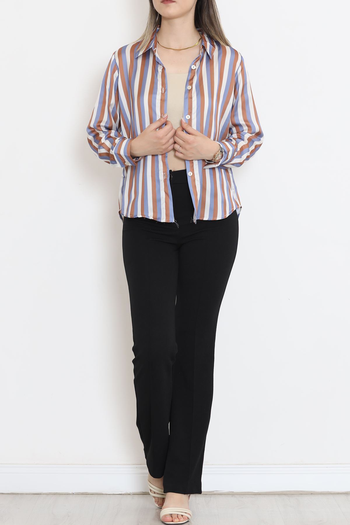 Striped Satin Shirt Blue-Brown - 909.1247.